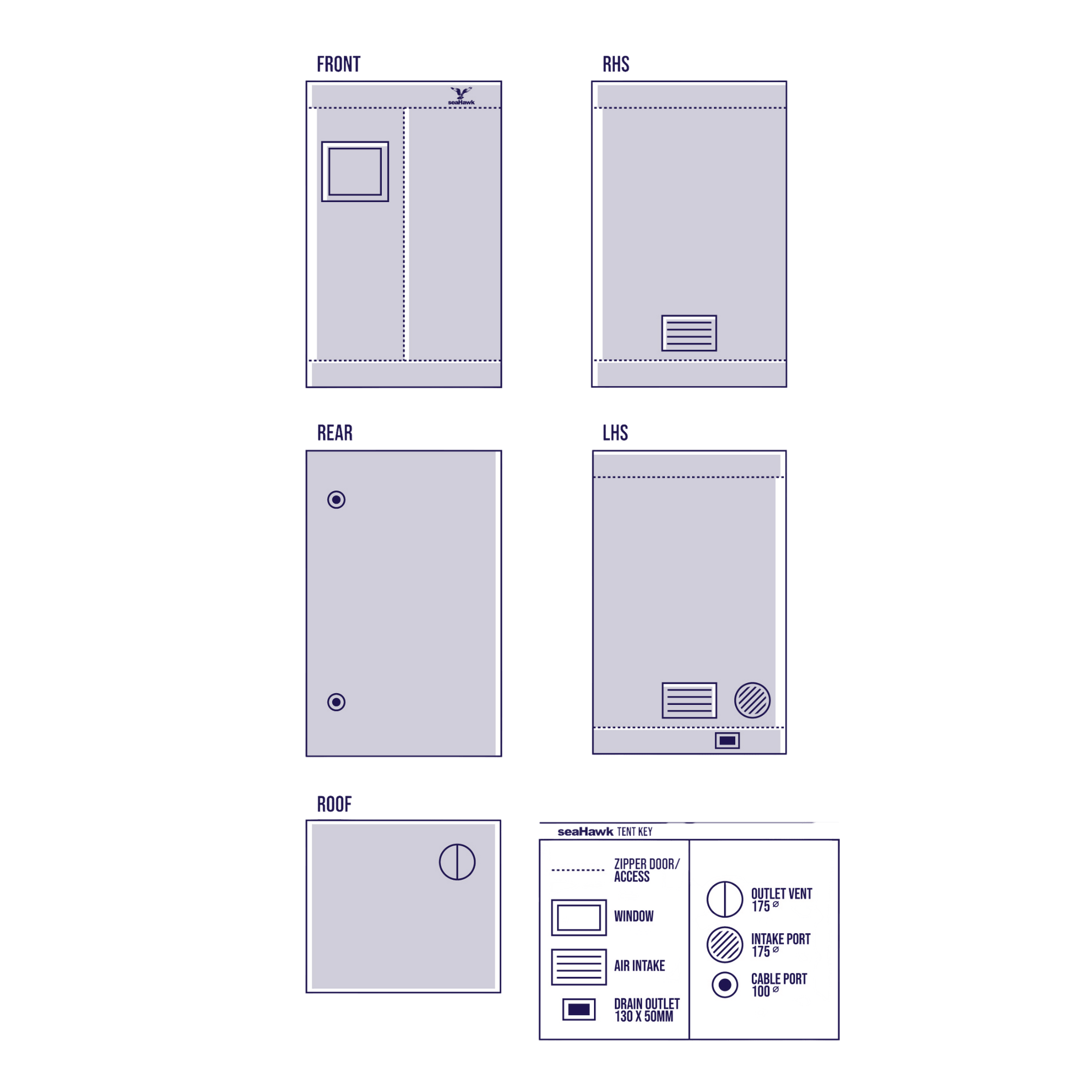 SeaHawk 0.8 x 0.8 x 1.8 m Grow Tent - Diagram