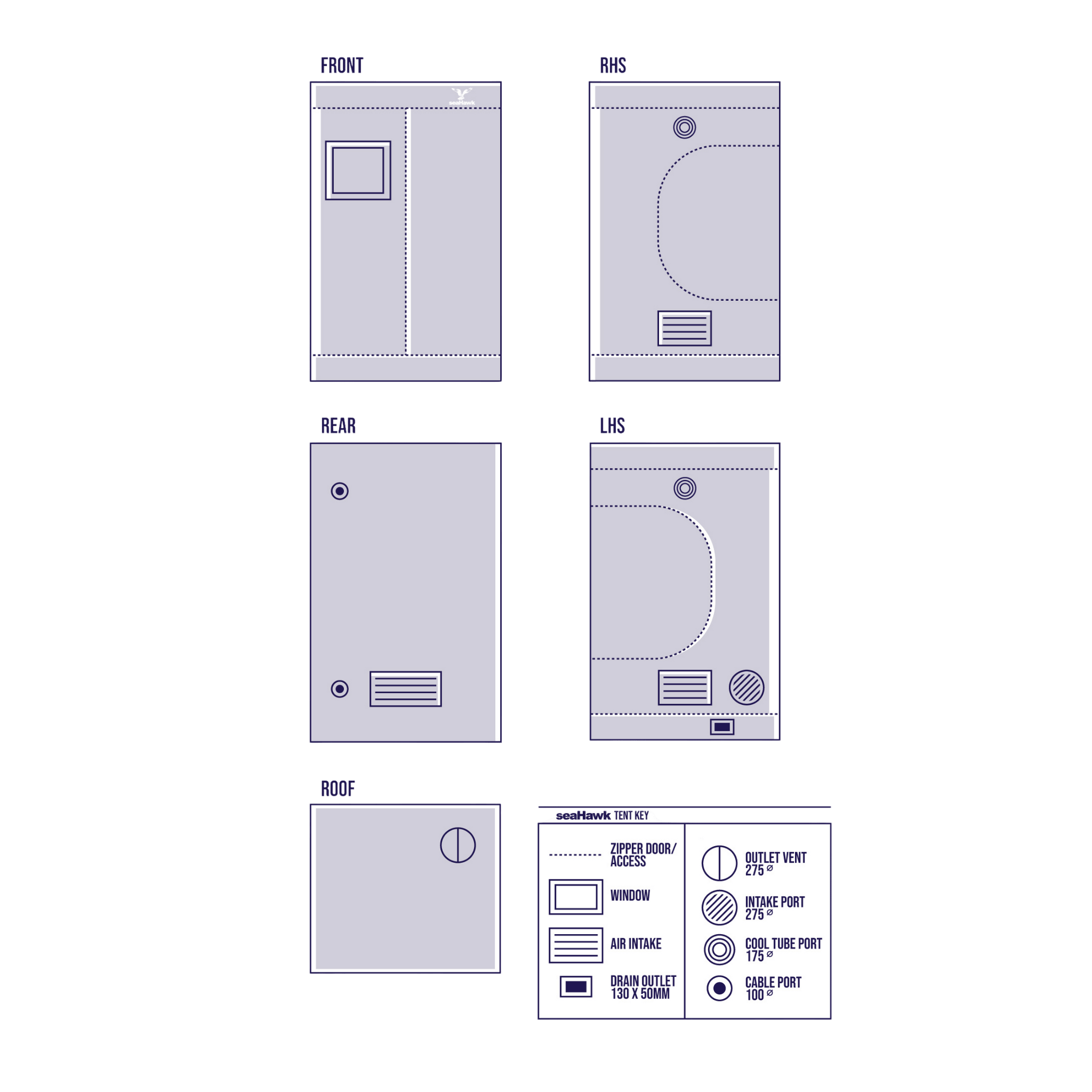 SeaHawk 1.0 x 1.0 x 2.0 m Grow Tent - Diagram