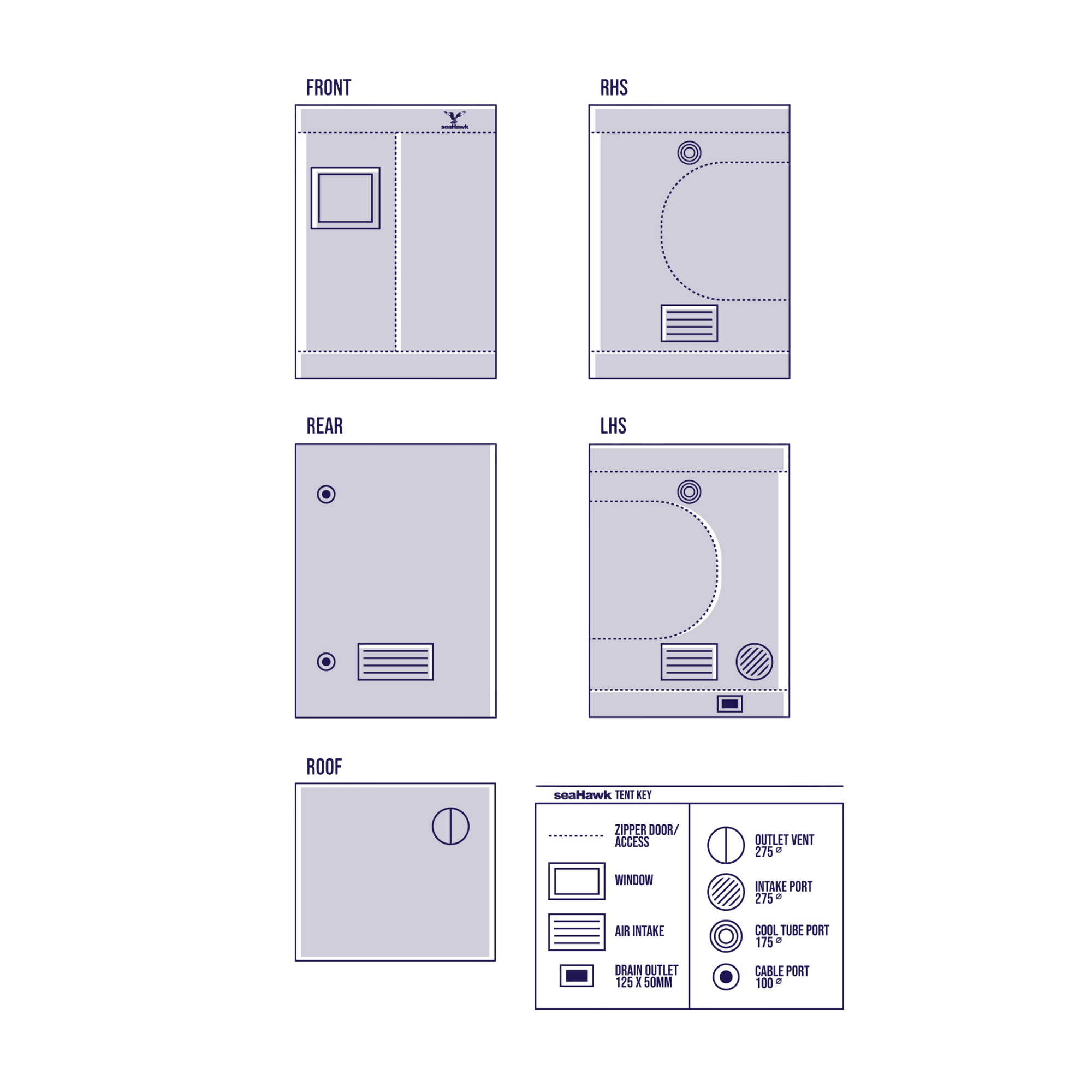 SeaHawk 1.2 x 1.2 x 2.0 m Grow Tent - Diagram