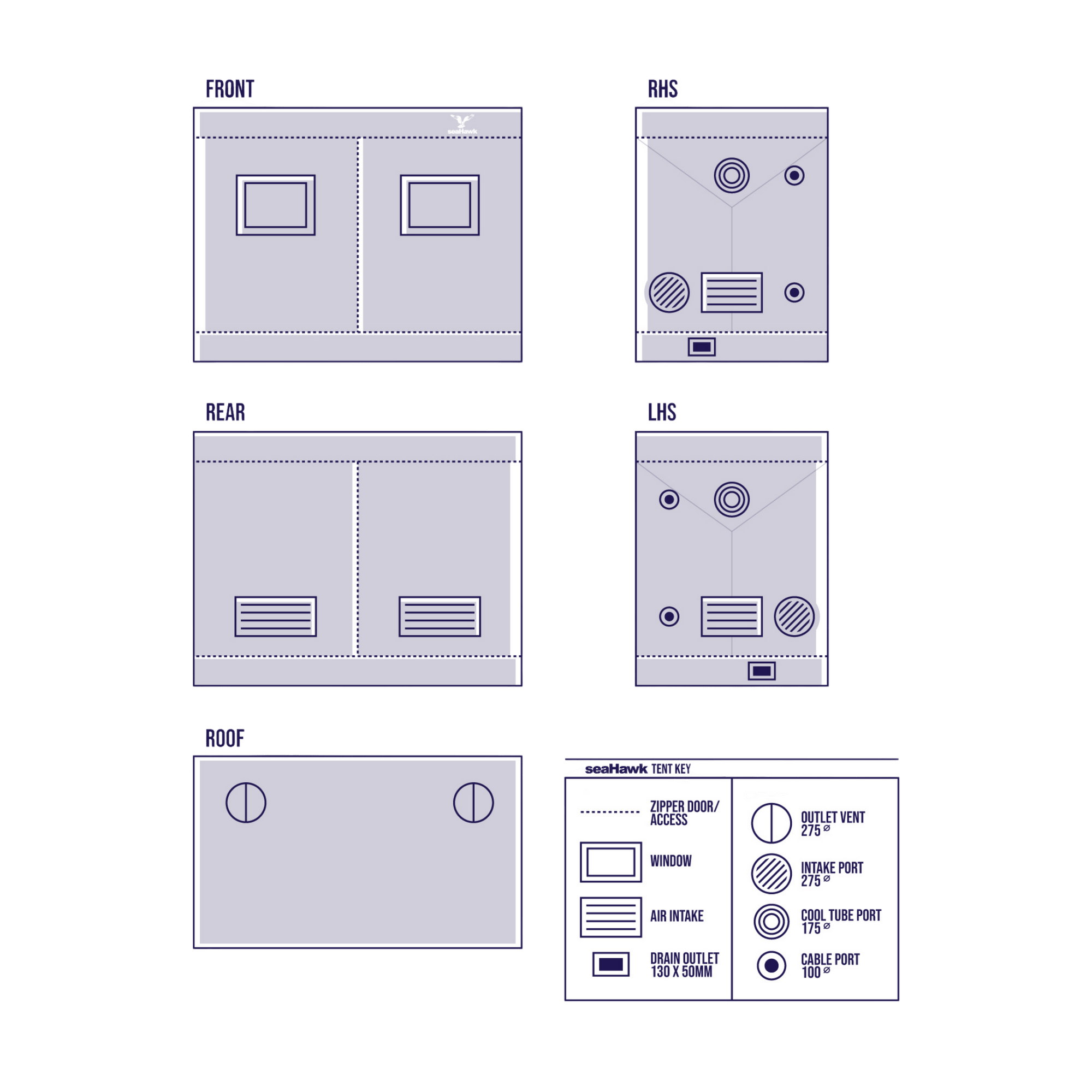 SeaHawk 2.4 x 1.2 x 2.0 m Grow Tent - Diagram