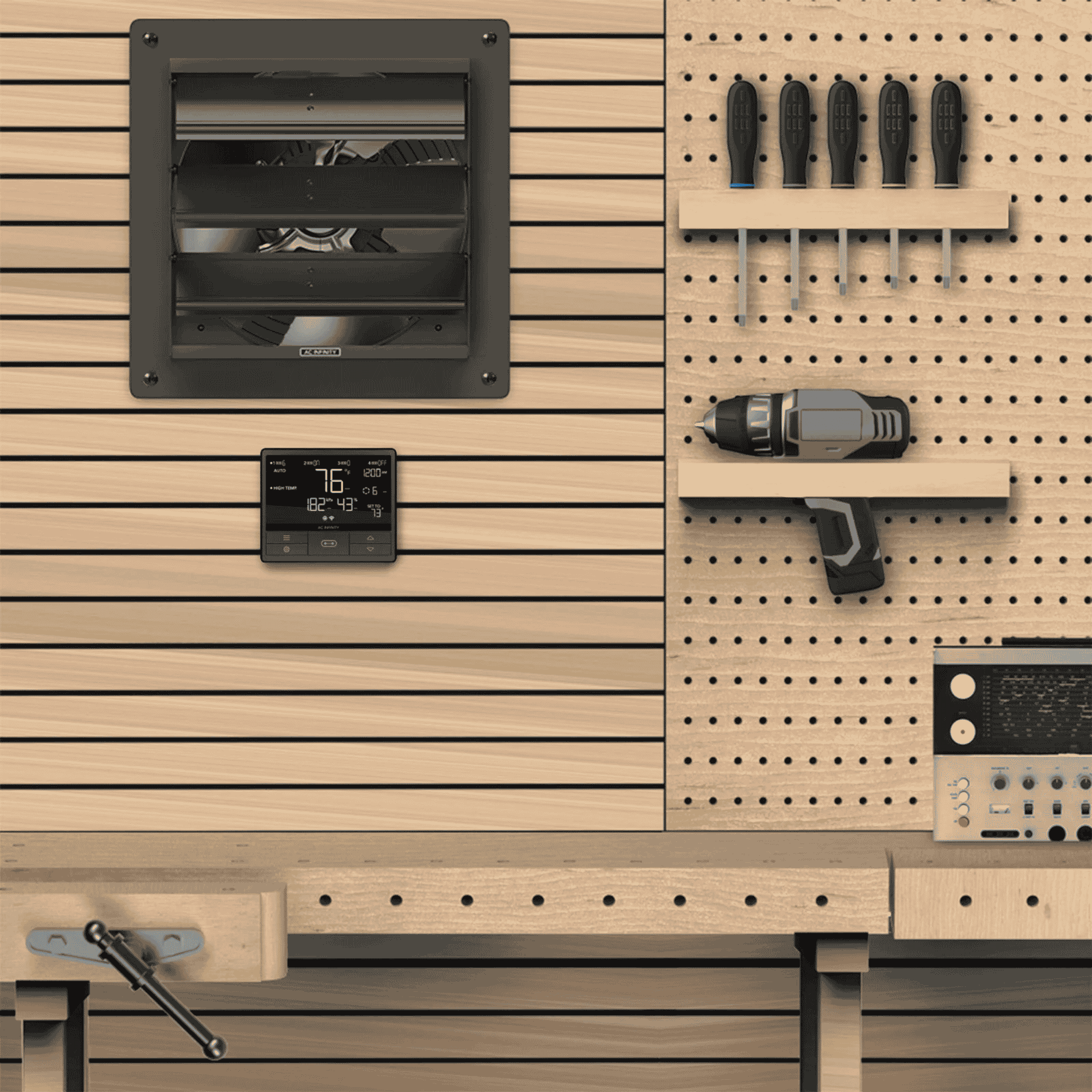 AC Infinity AIRLIFT Series concept display — wall-mounted shutter fan installation context