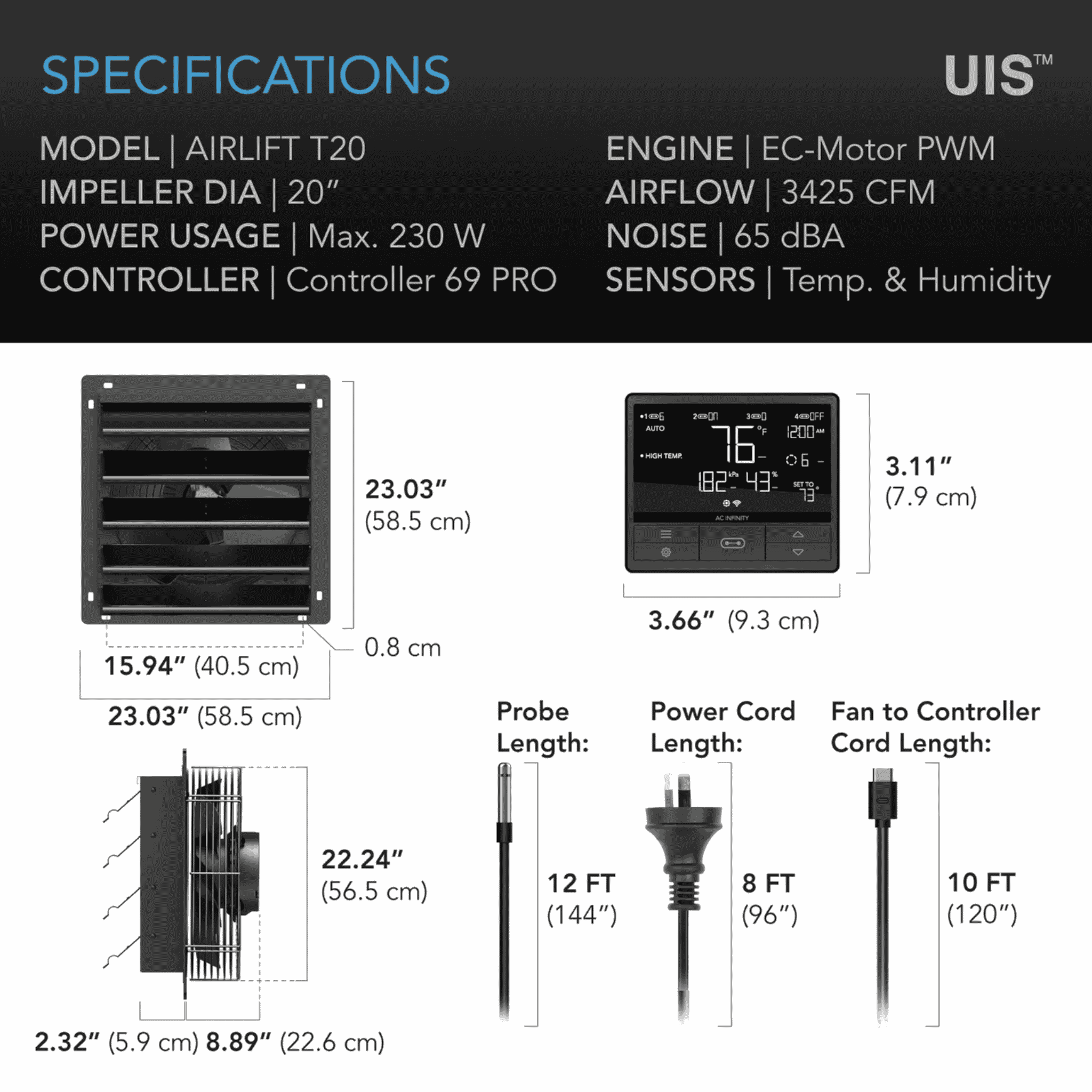AC Infinity AIRLIFT T20 specifications — airflow CFM motor power & shutter dimensions