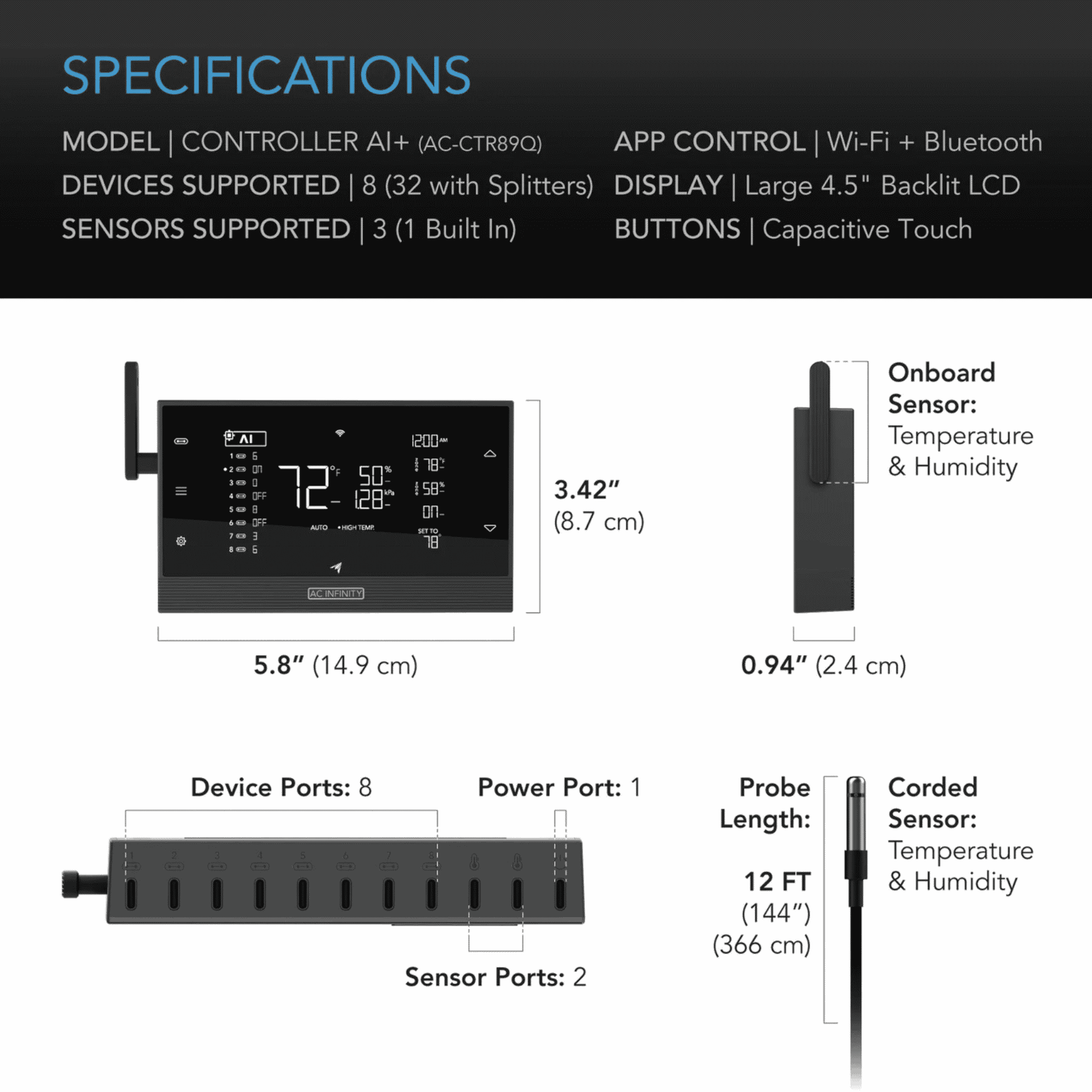 AC Infinity AI+ Controller specifications — port count power & connectivity ratings