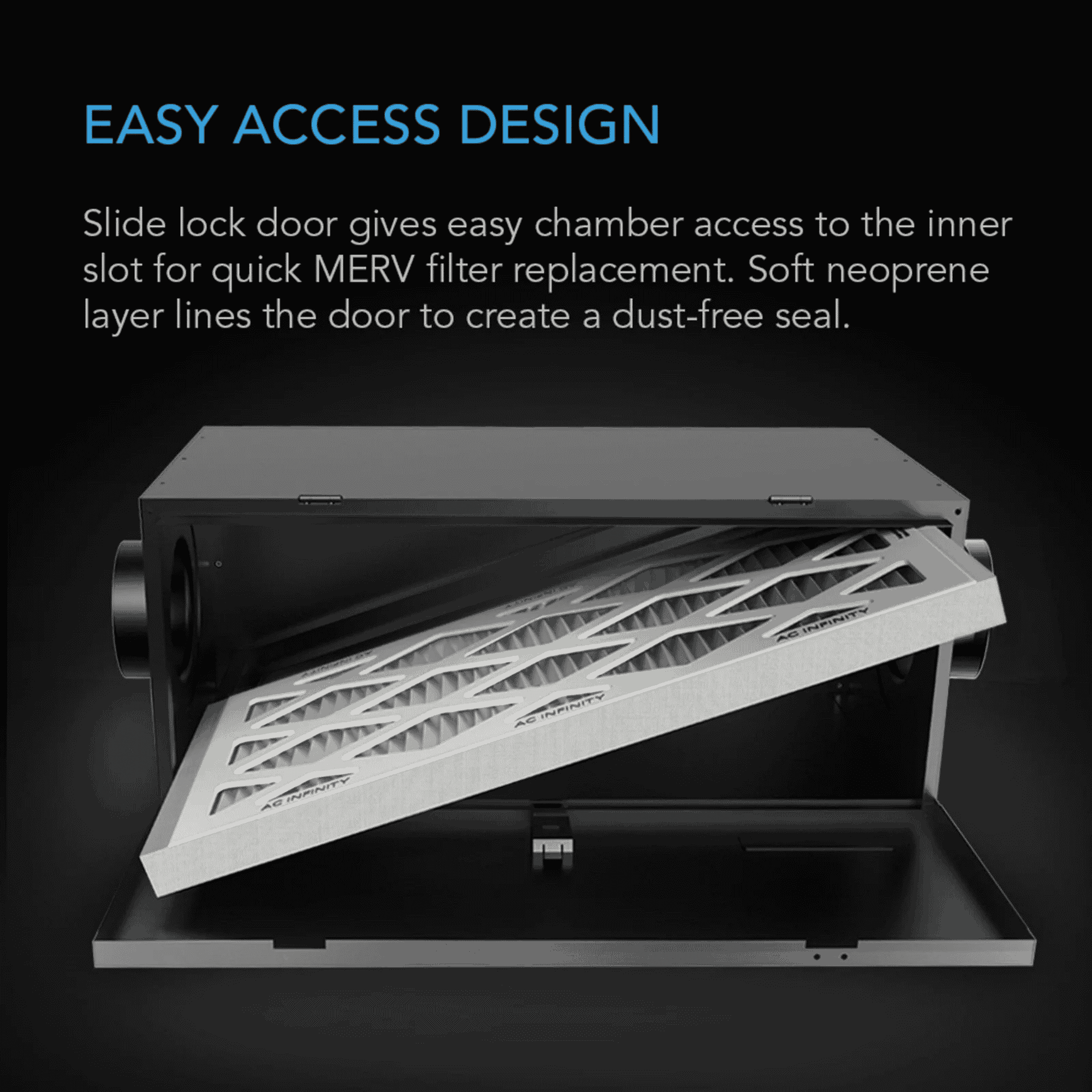 AC Infinity Air Filter Box — easy-access filter change with quick-release latches