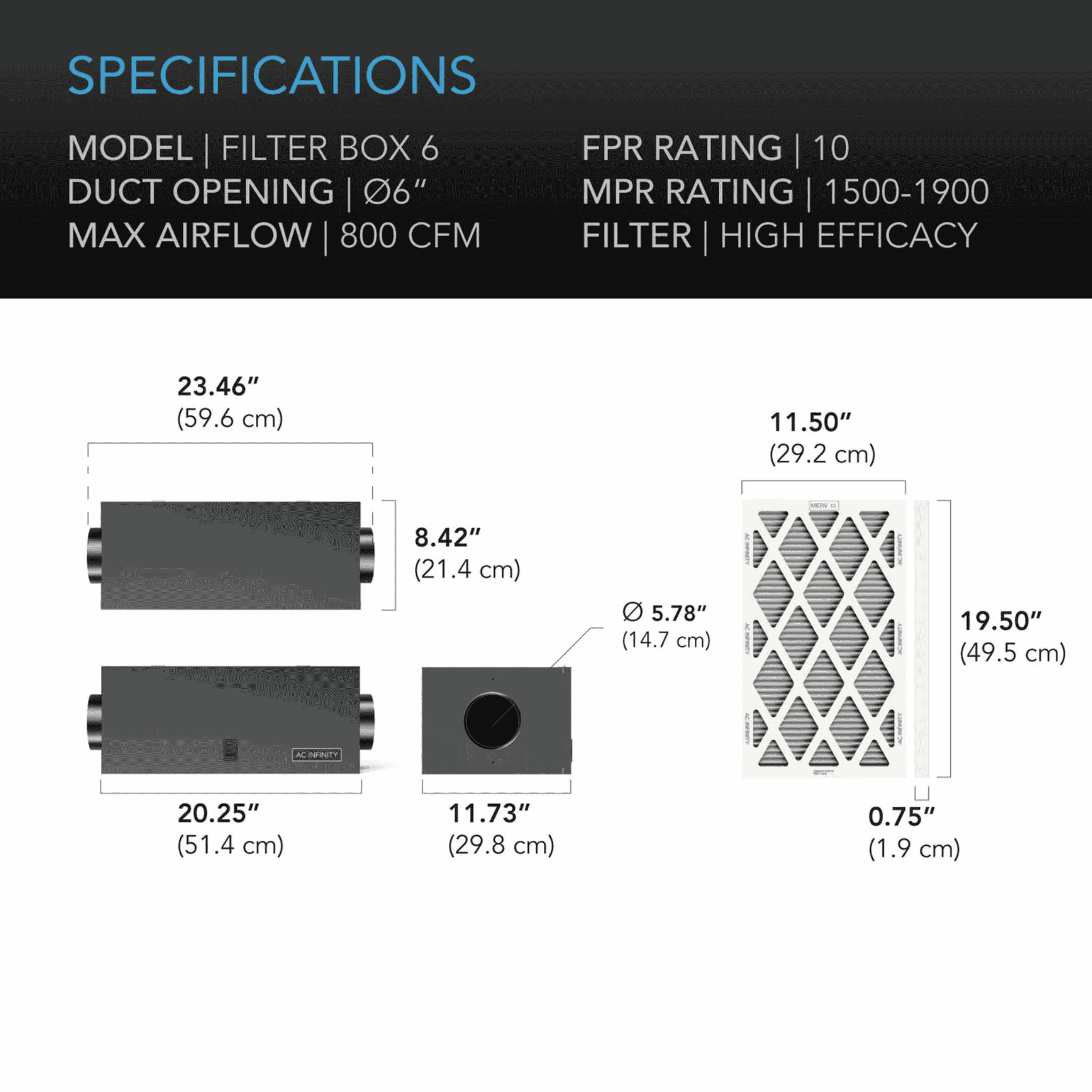 AC Infinity Inline Air Filter Box 150mm specifications — diameter & filter MERV ratings