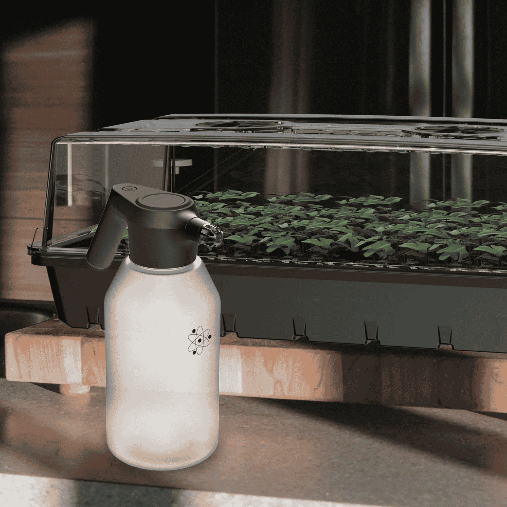 AC Infinity Automatic Sprayer concept art — electric mister in grow room context