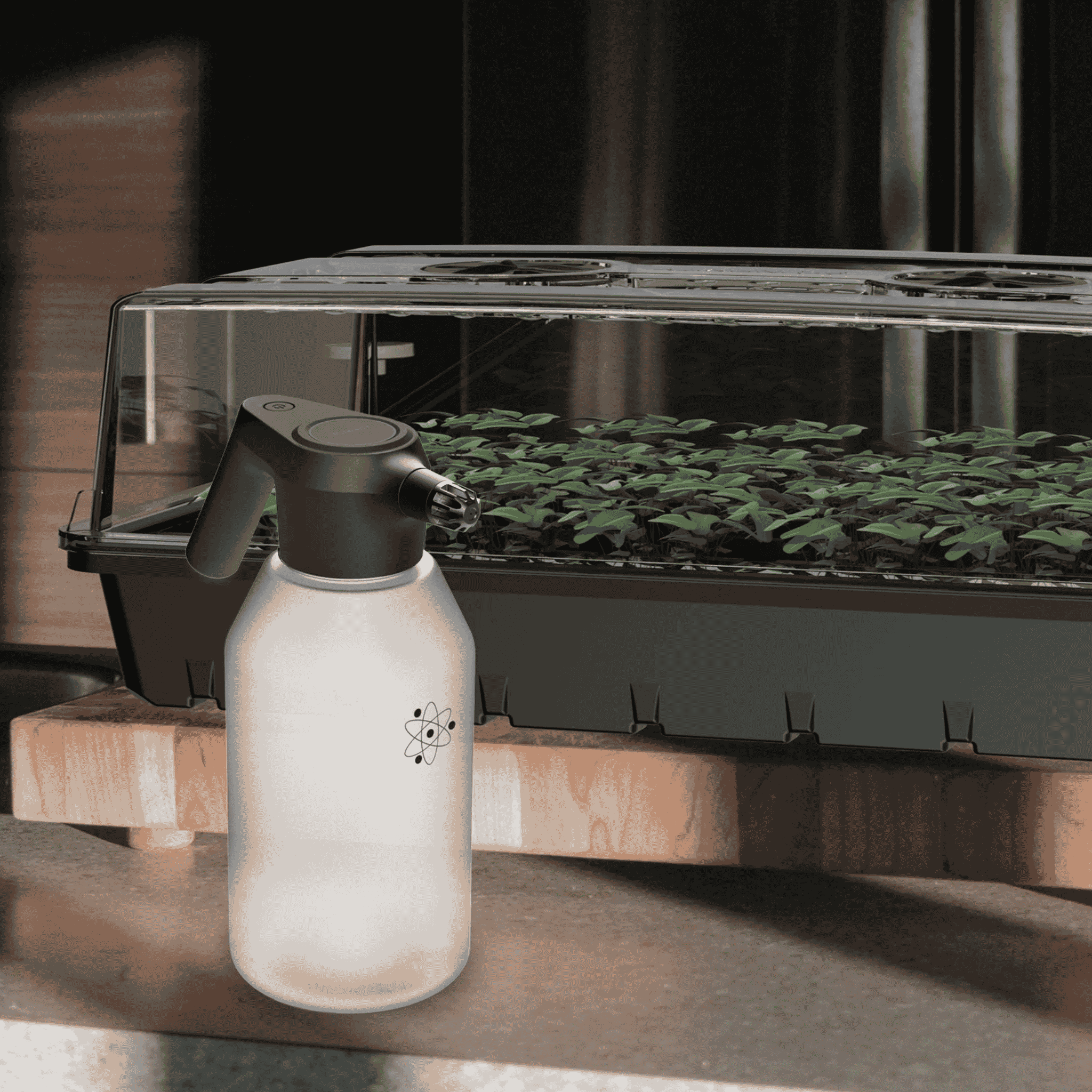 AC Infinity Automatic Sprayer concept art — electric mister in grow room context