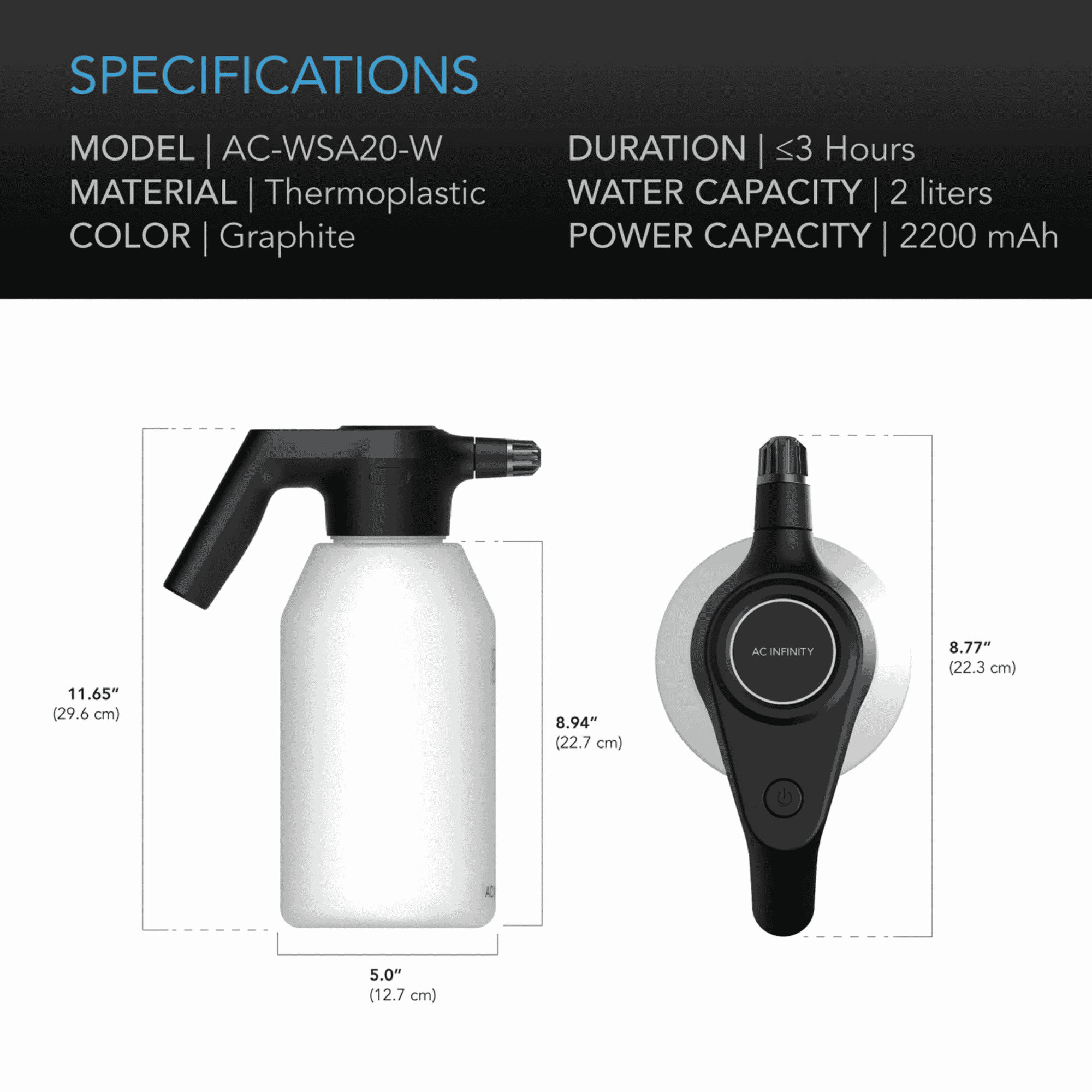 AC Infinity Automatic Sprayer specifications — capacity battery life & spray output