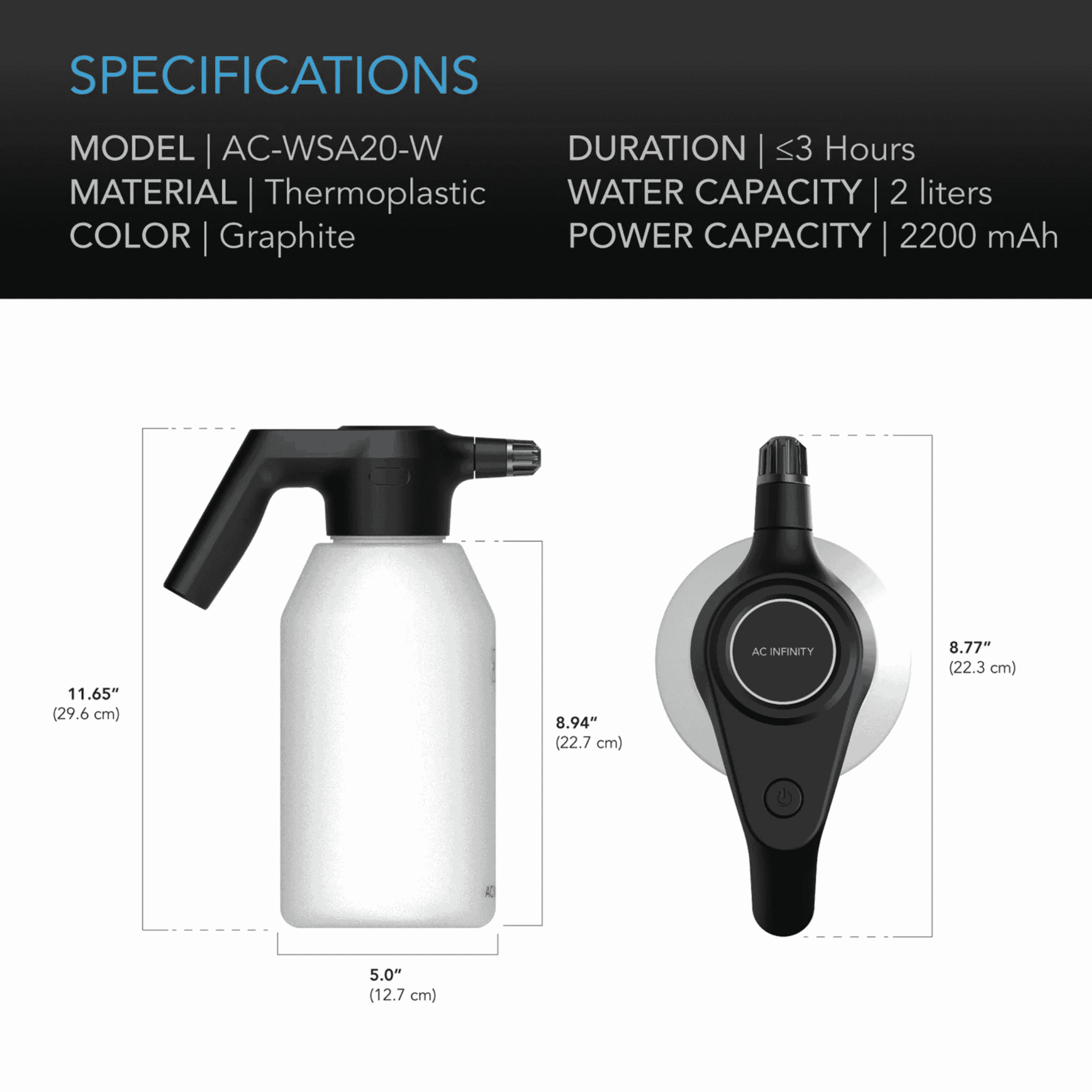AC Infinity Automatic Sprayer specifications — capacity battery life & spray output
