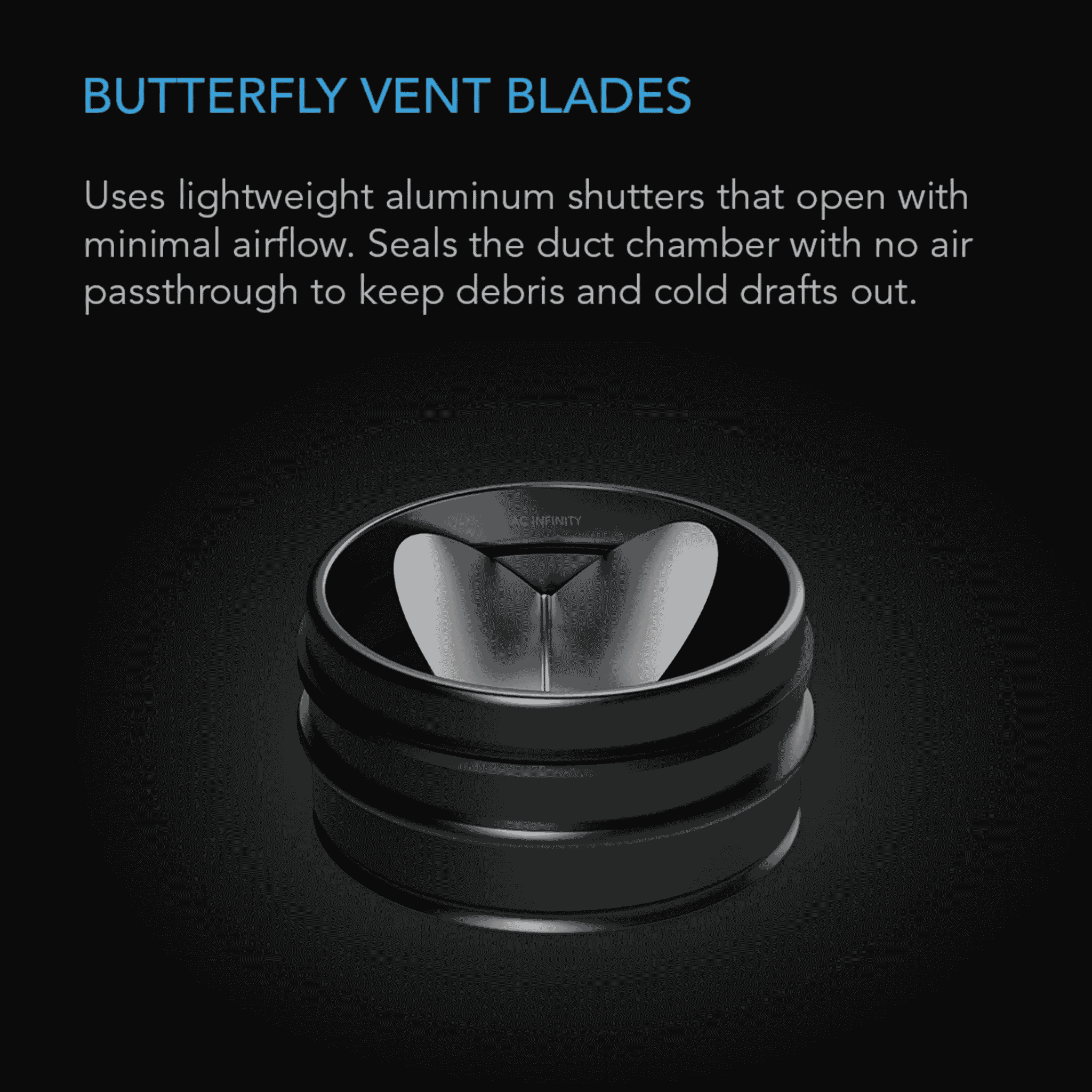 AC Infinity Backdraft Damper — spring-loaded butterfly blades close when fan stops