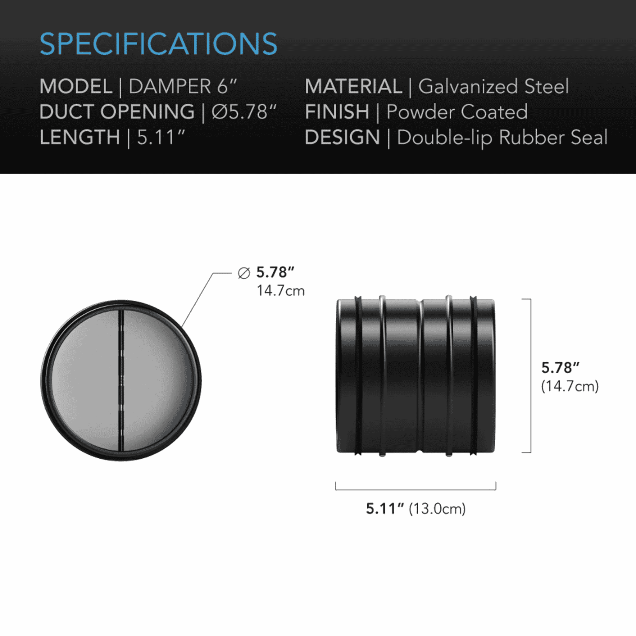 AC Infinity Backdraft Damper 150mm specifications — diameter & flow direction ratings