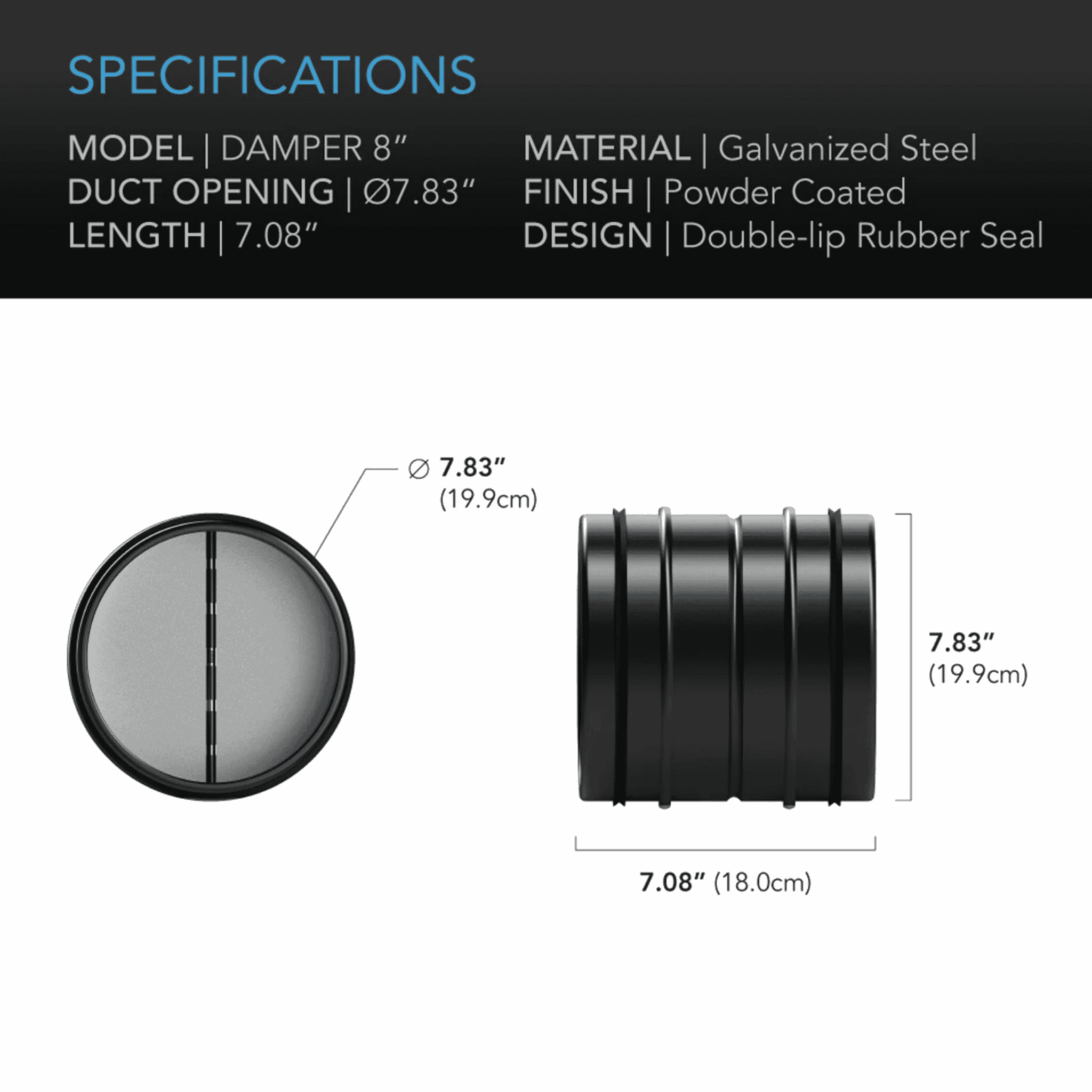 AC Infinity Backdraft Damper 200mm specifications — diameter & flow direction ratings