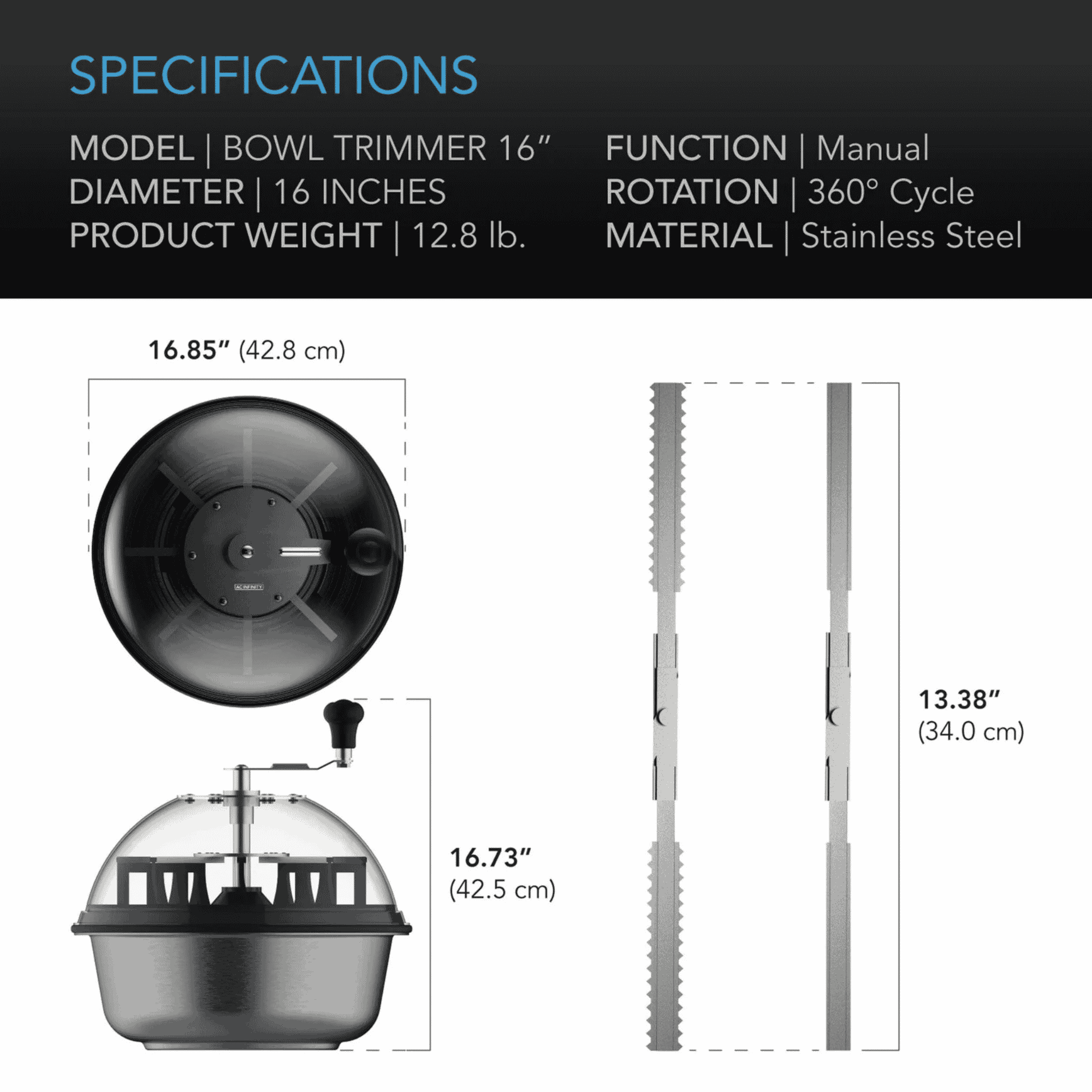 AC Infinity Bowl Trimmer 16" specifications — diameter blade type & capacity