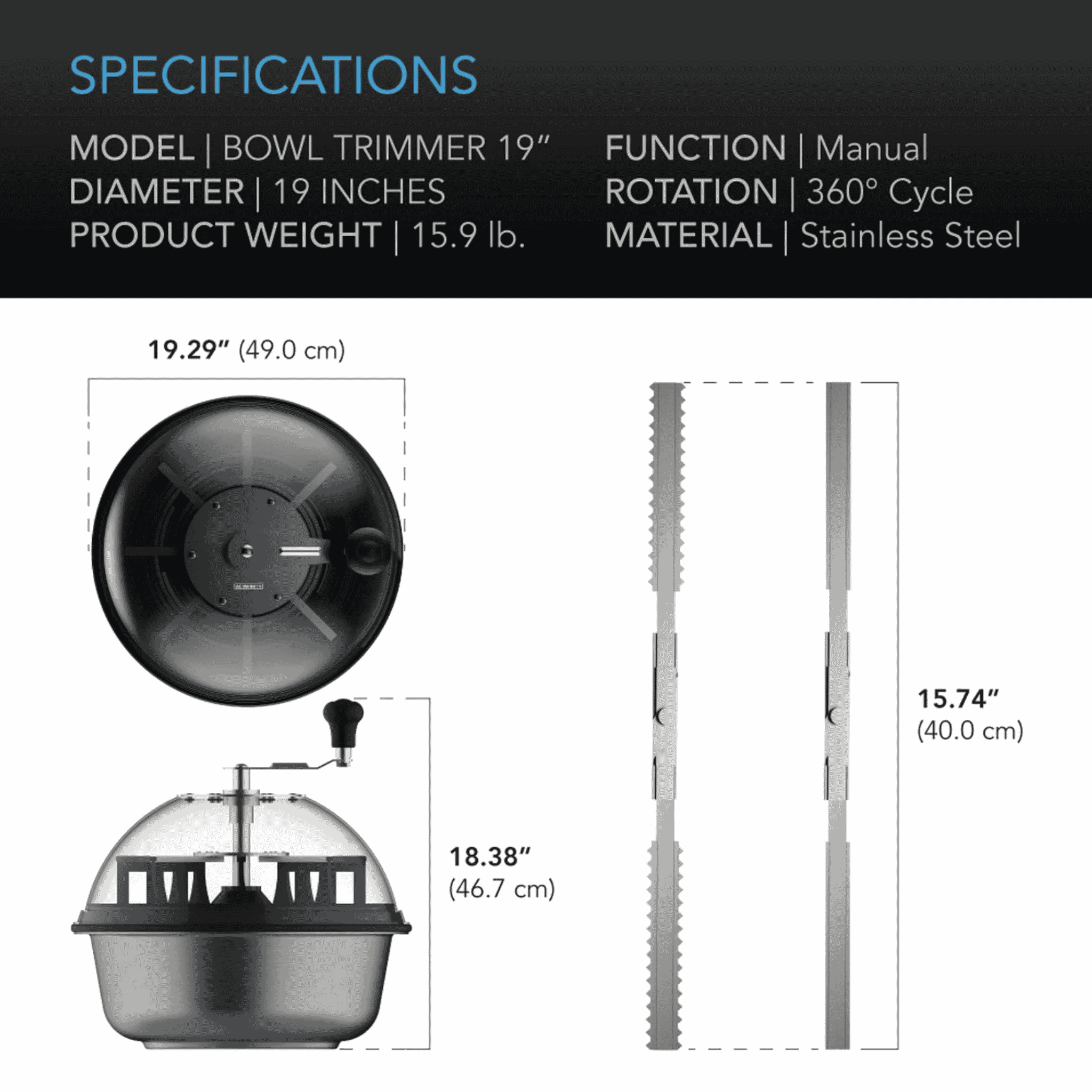 AC Infinity Bowl Trimmer 19" specifications — diameter blade type & capacity