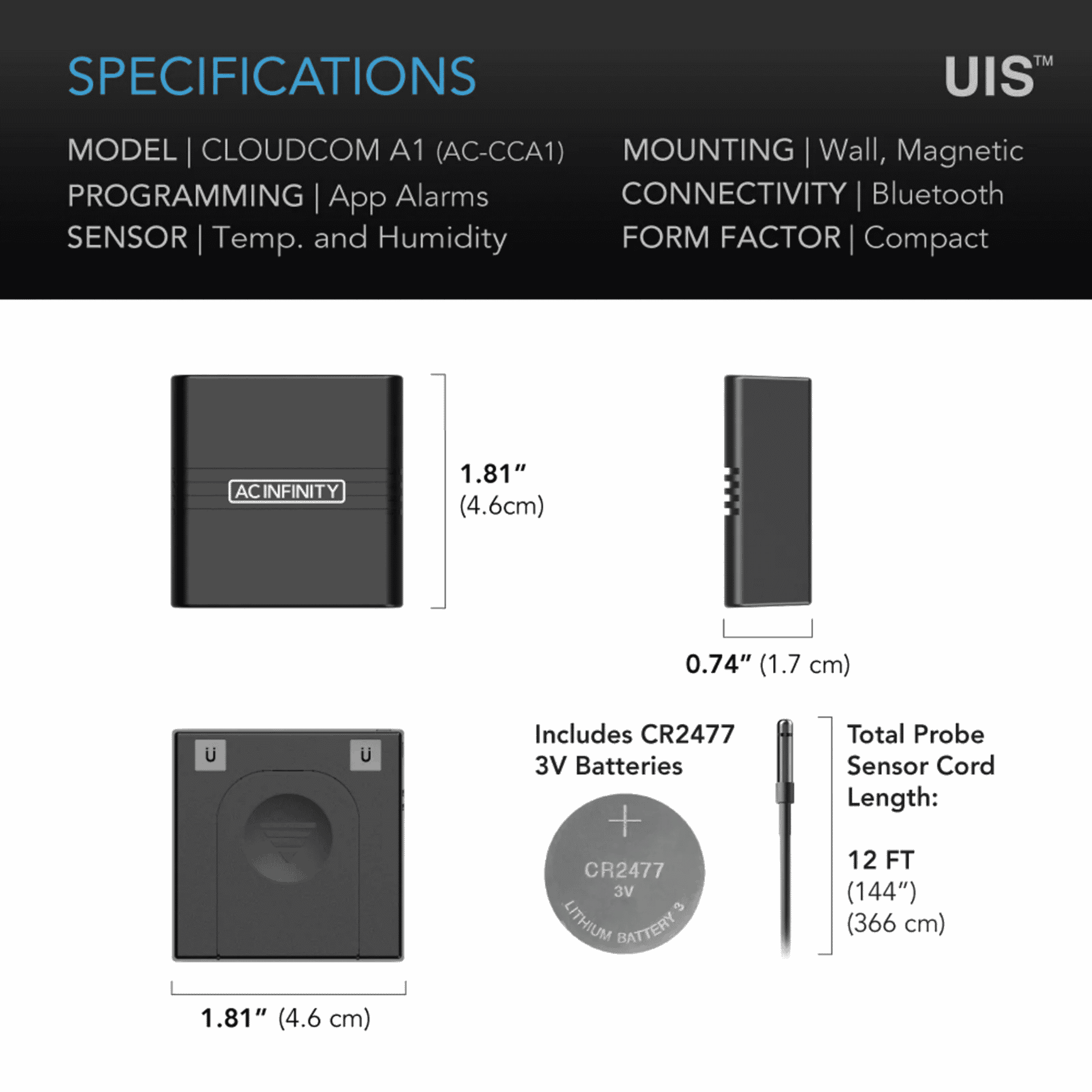 AC Infinity CLOUDCOM A1 specifications — measurement range battery life & accuracy
