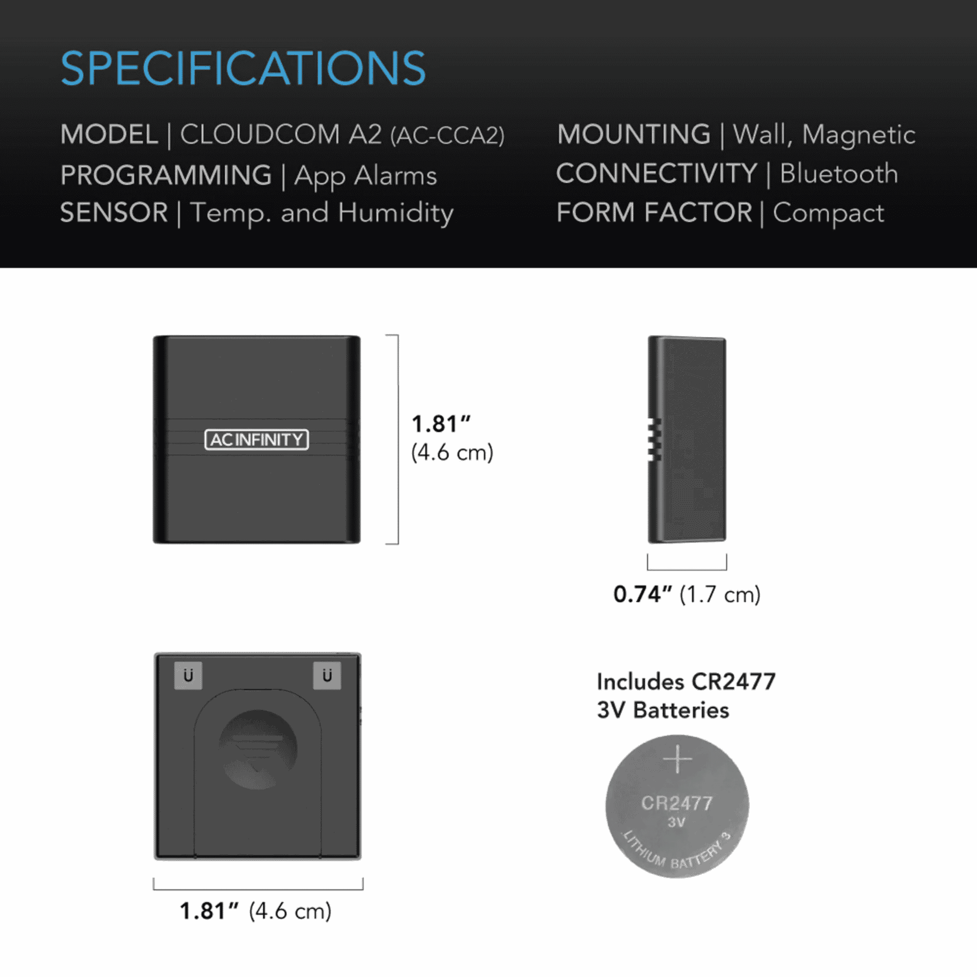 AC Infinity CLOUDCOM A2 specifications — measurement range battery life & accuracy