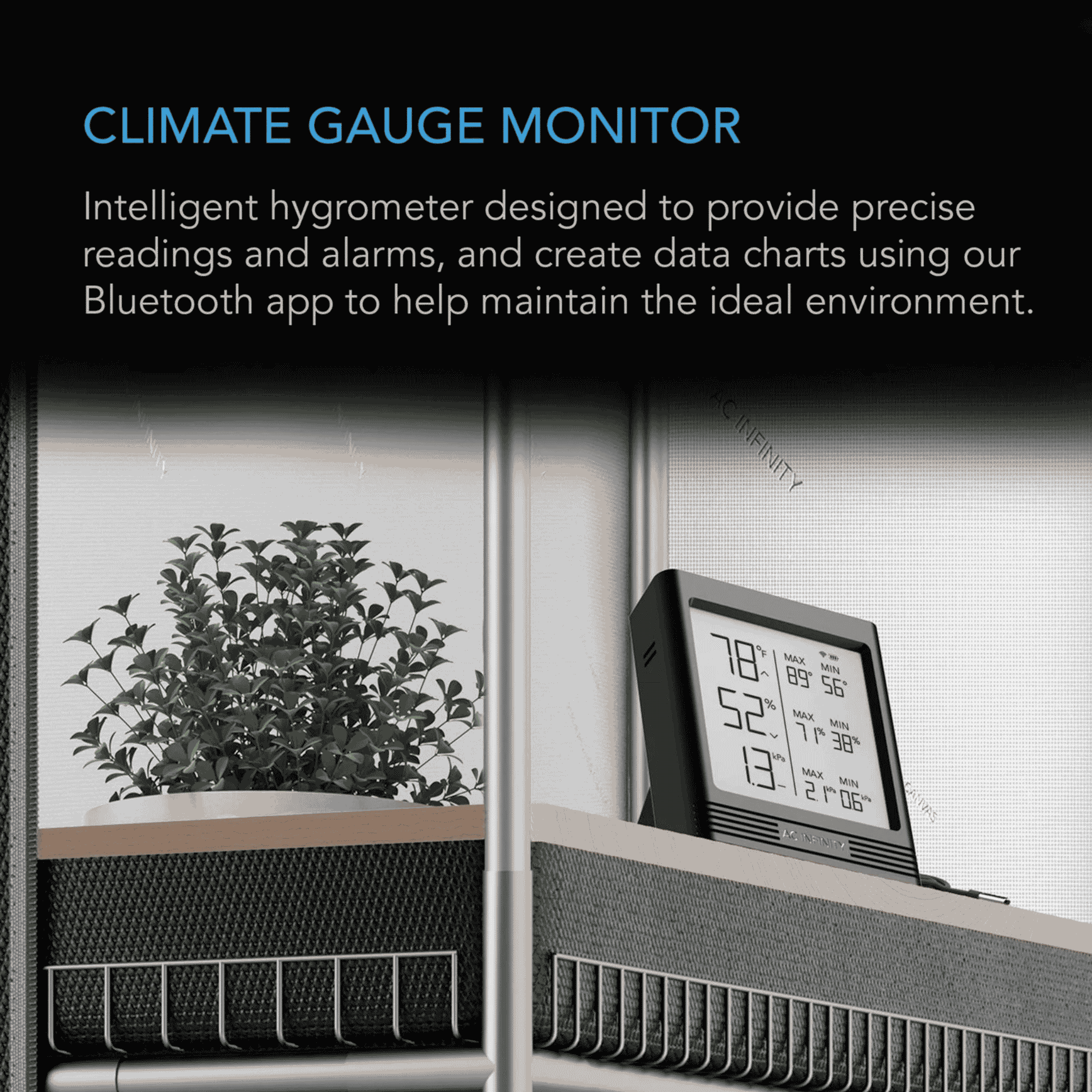 AC Infinity CLOUDCOM B1 climate gauge — backlit display showing live climate readings