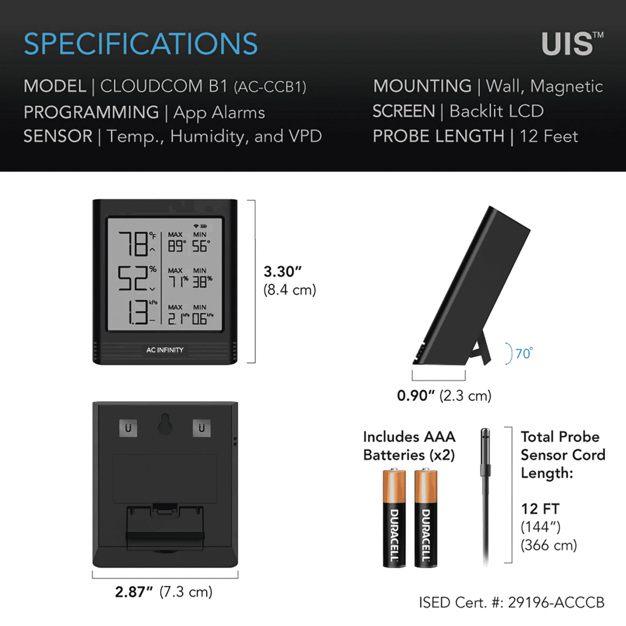 AC Infinity CLOUDCOM B1 specifications — measurement range display & connectivity