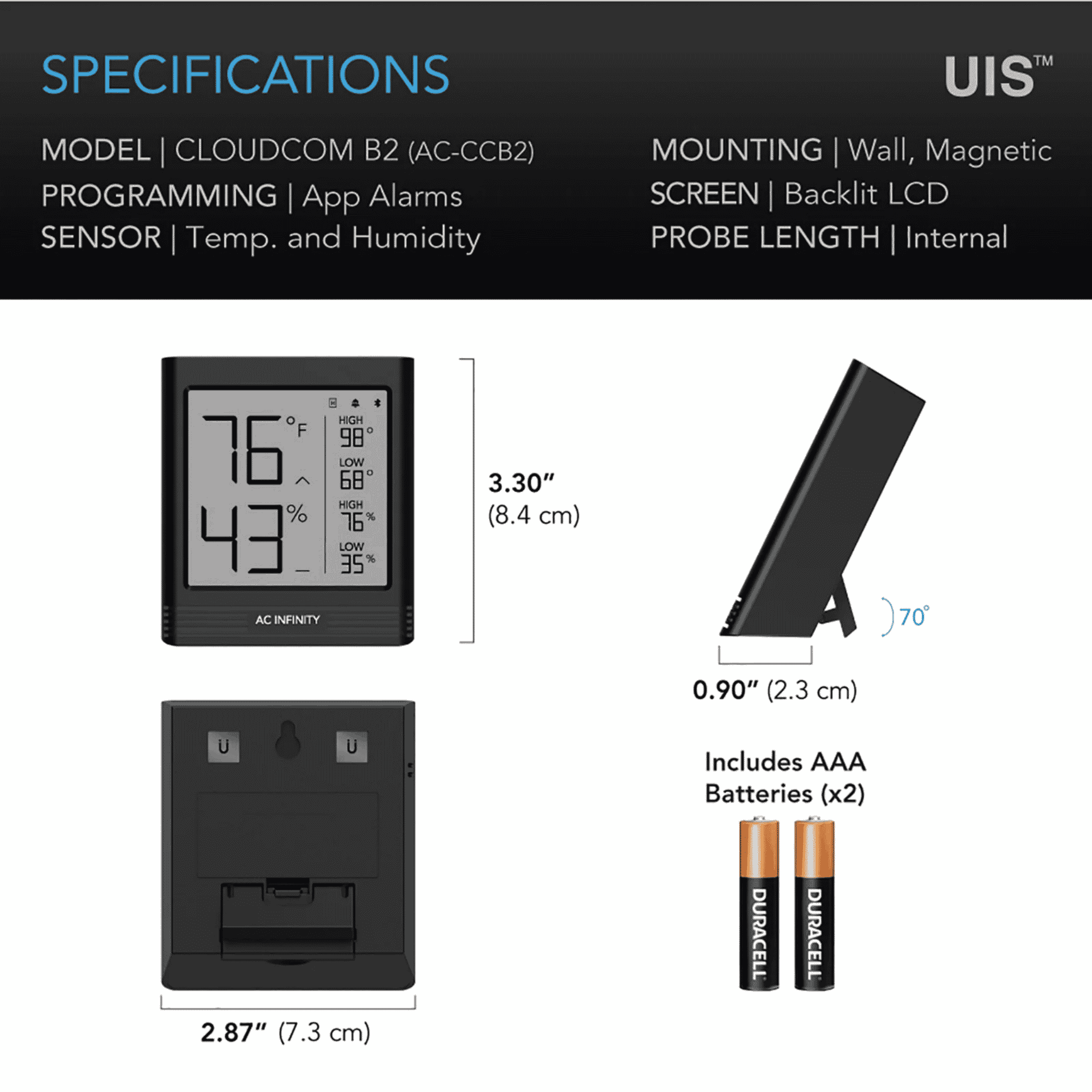 AC Infinity CLOUDCOM B2 specifications — measurement range display & connectivity