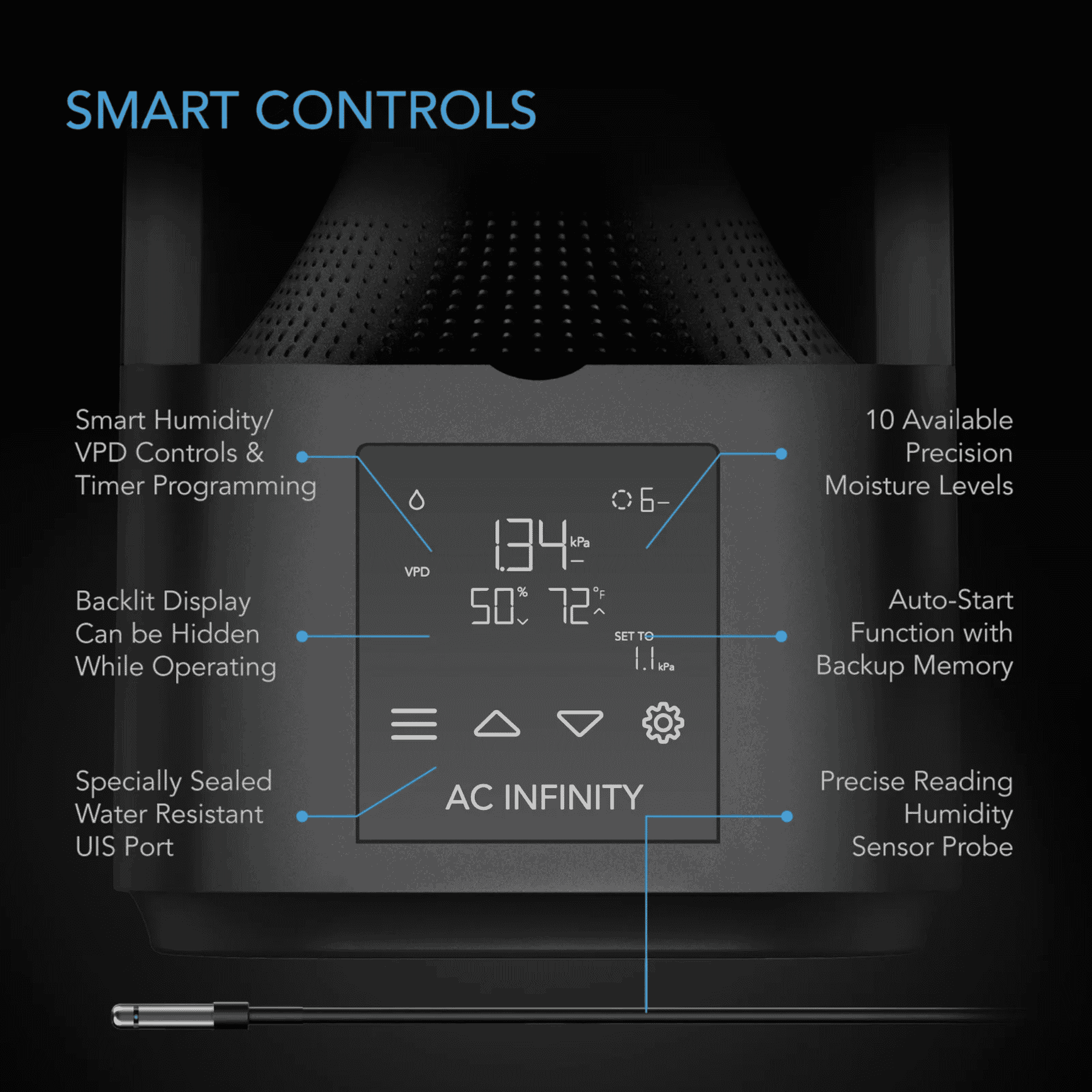 AC Infinity CLOUDFORGE T3 smart controls — 10-level humidity programming display