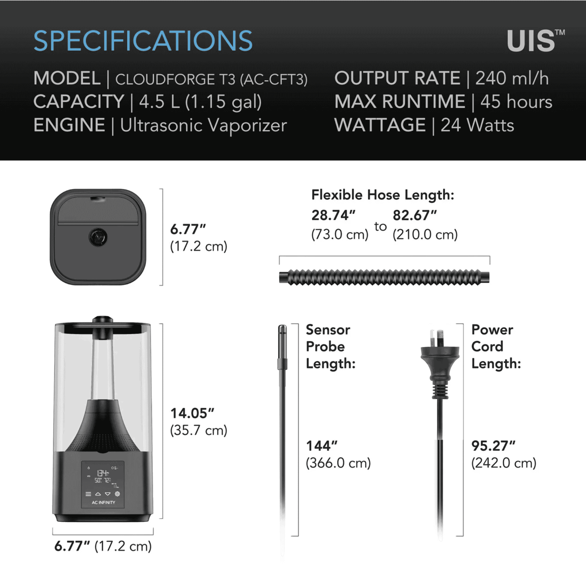 AC Infinity CLOUDFORGE T3 specifications — 4.5L tank capacity & output ratings