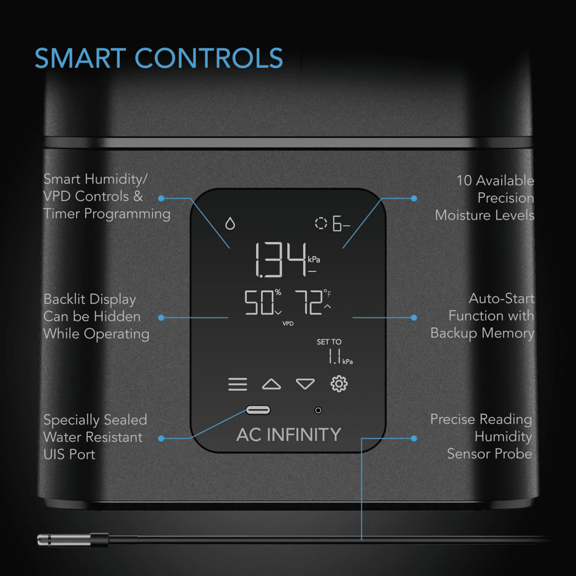AC Infinity CLOUDFORGE T7 smart controls — 10-level humidity programming display