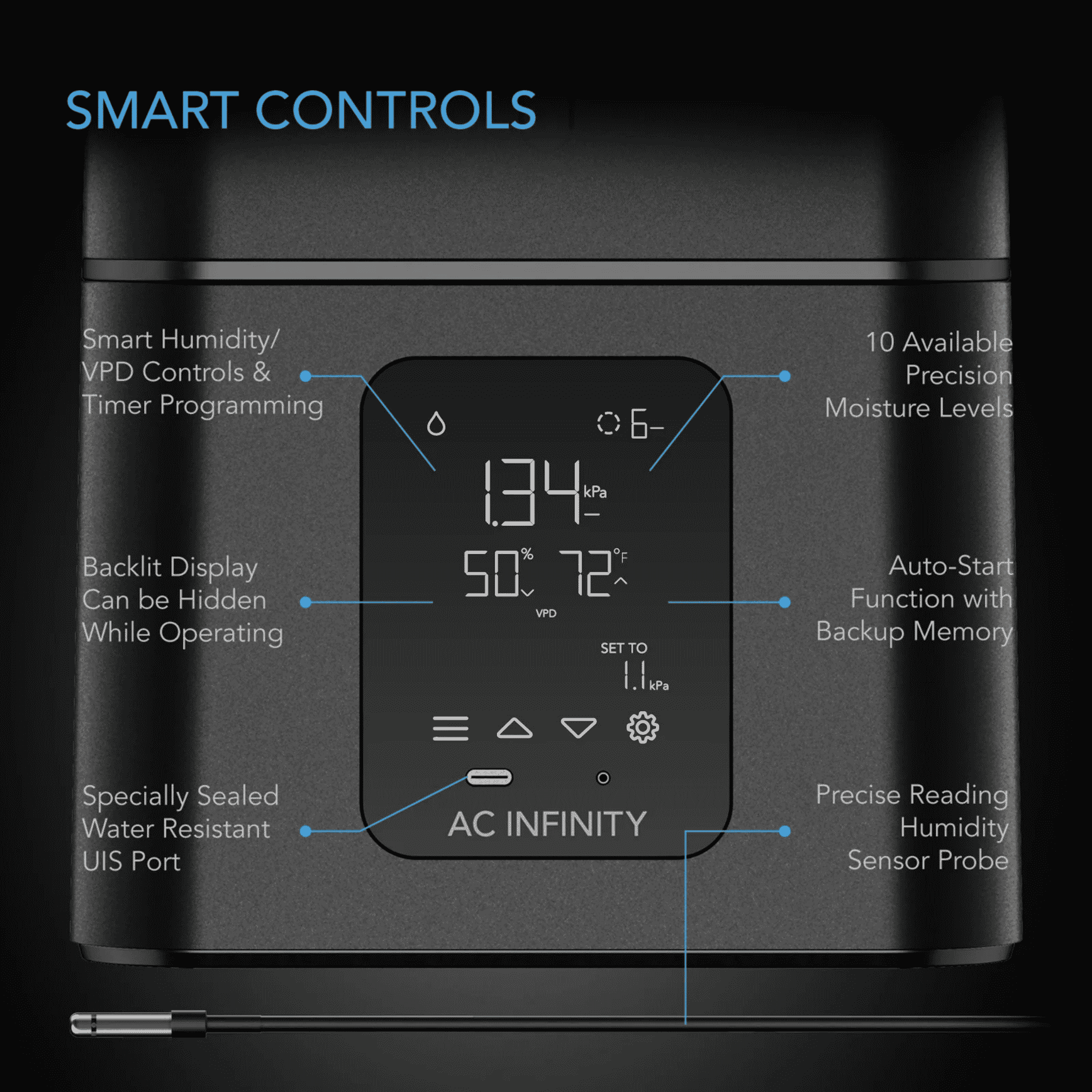 AC Infinity CLOUDFORGE T7 smart controls — 10-level humidity programming display
