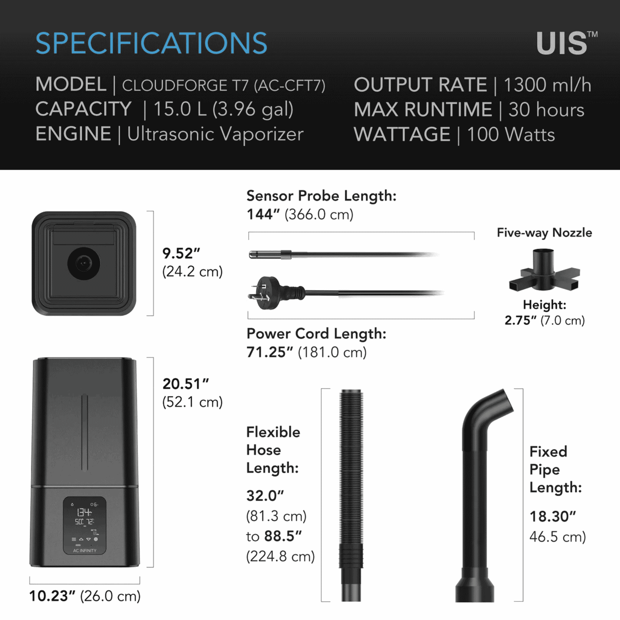 AC Infinity CLOUDFORGE T7 specifications — 15L tank 1300mL/h output ratings
