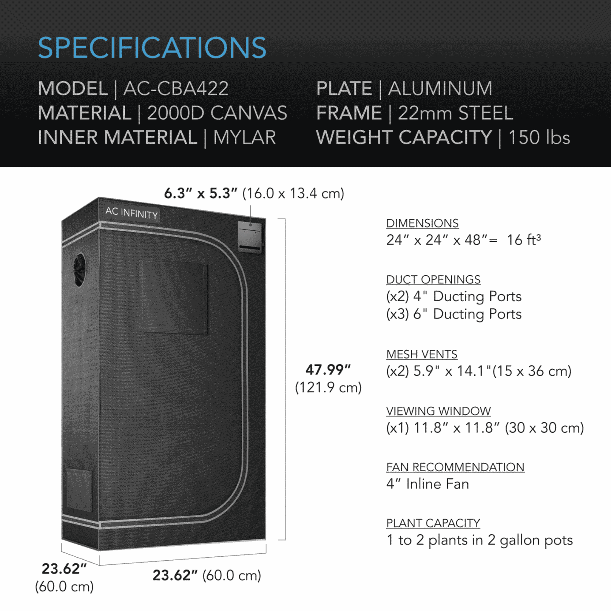 AC Infinity CLOUDLAB 422 Grow Tent specifications — internal dimensions canvas & port layout