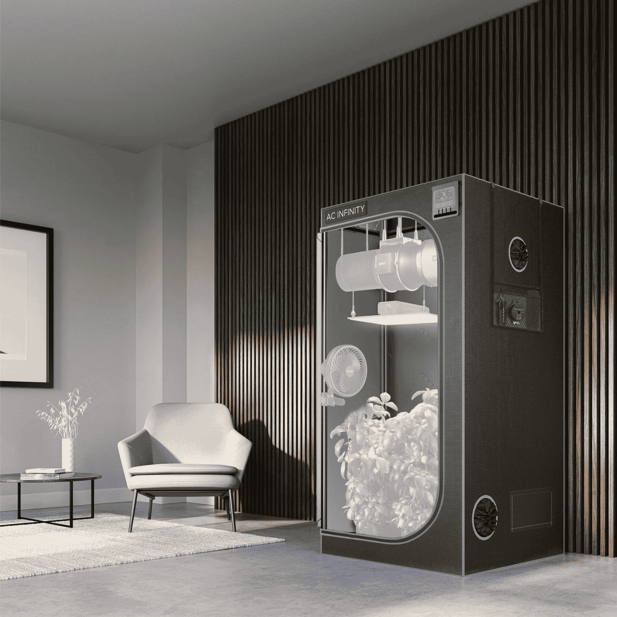 AC Infinity CLOUDLAB 632 Grow Tent concept art — 0.9 x 0.6m tent in grow room context