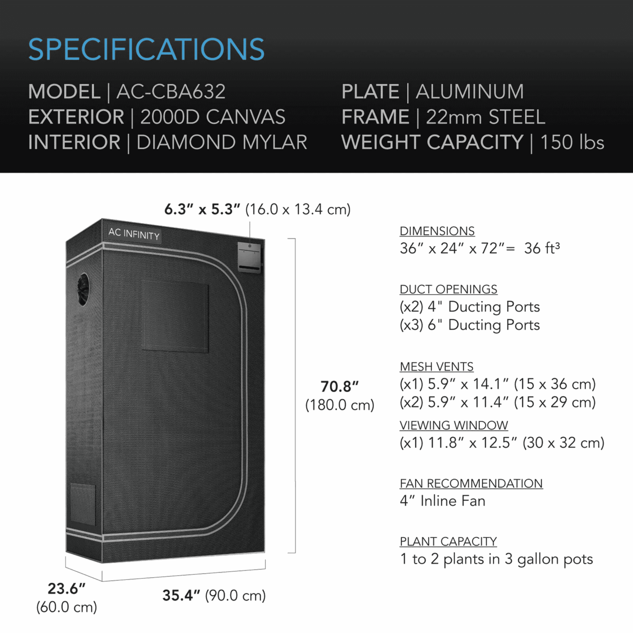 AC Infinity CLOUDLAB 632 Grow Tent specifications — internal dimensions canvas & port layout