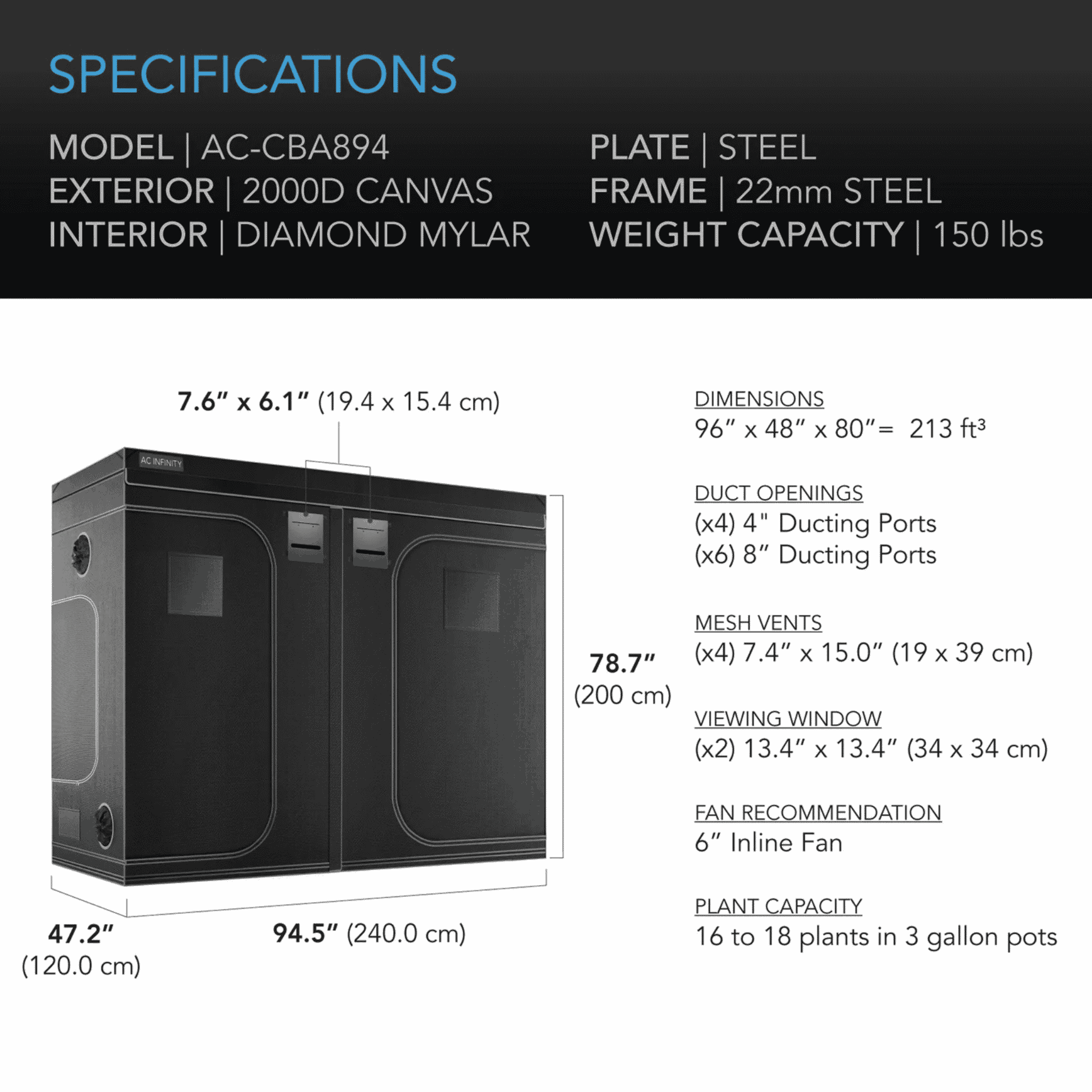 AC Infinity CLOUDLAB 894 Grow Tent specifications — internal dimensions canvas & port layout