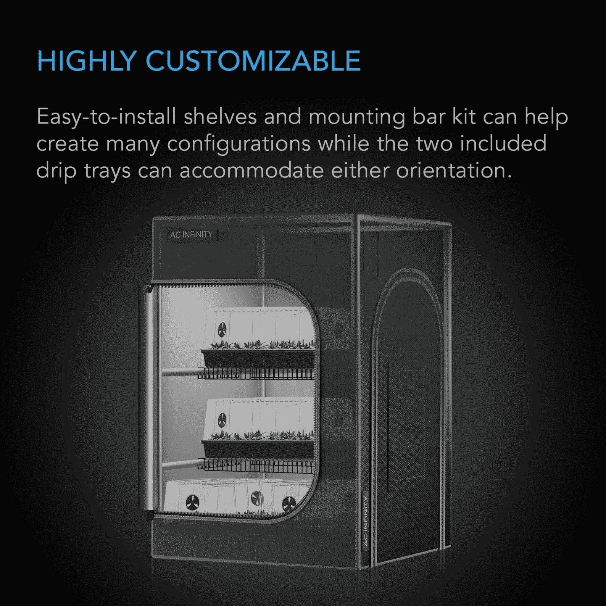 AC Infinity CLOUDLAB Propagation Tent highly customisable — repositionable orientation & layout