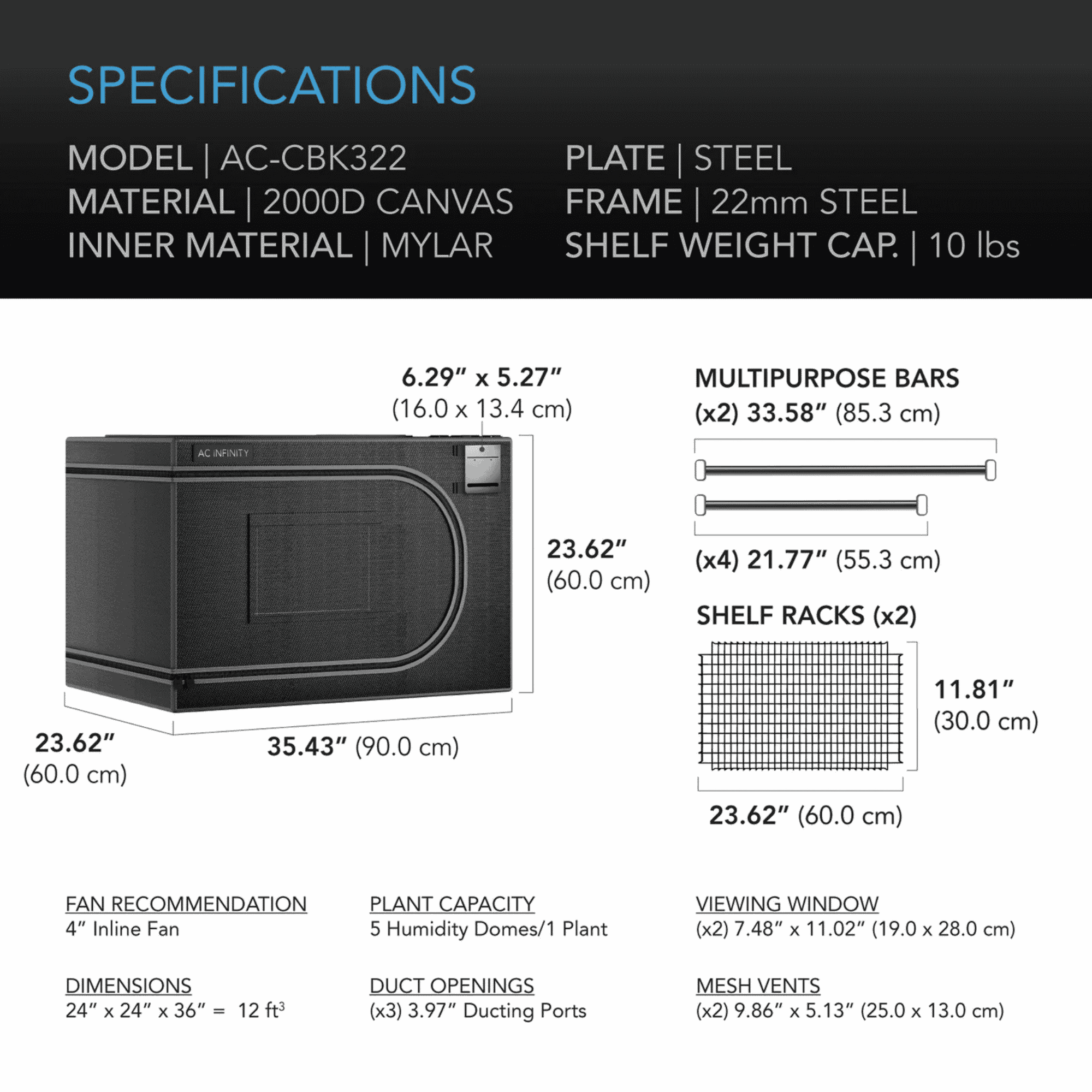 AC Infinity CLOUDLAB Propagation Tent specifications — dimensions canvas weight & ports