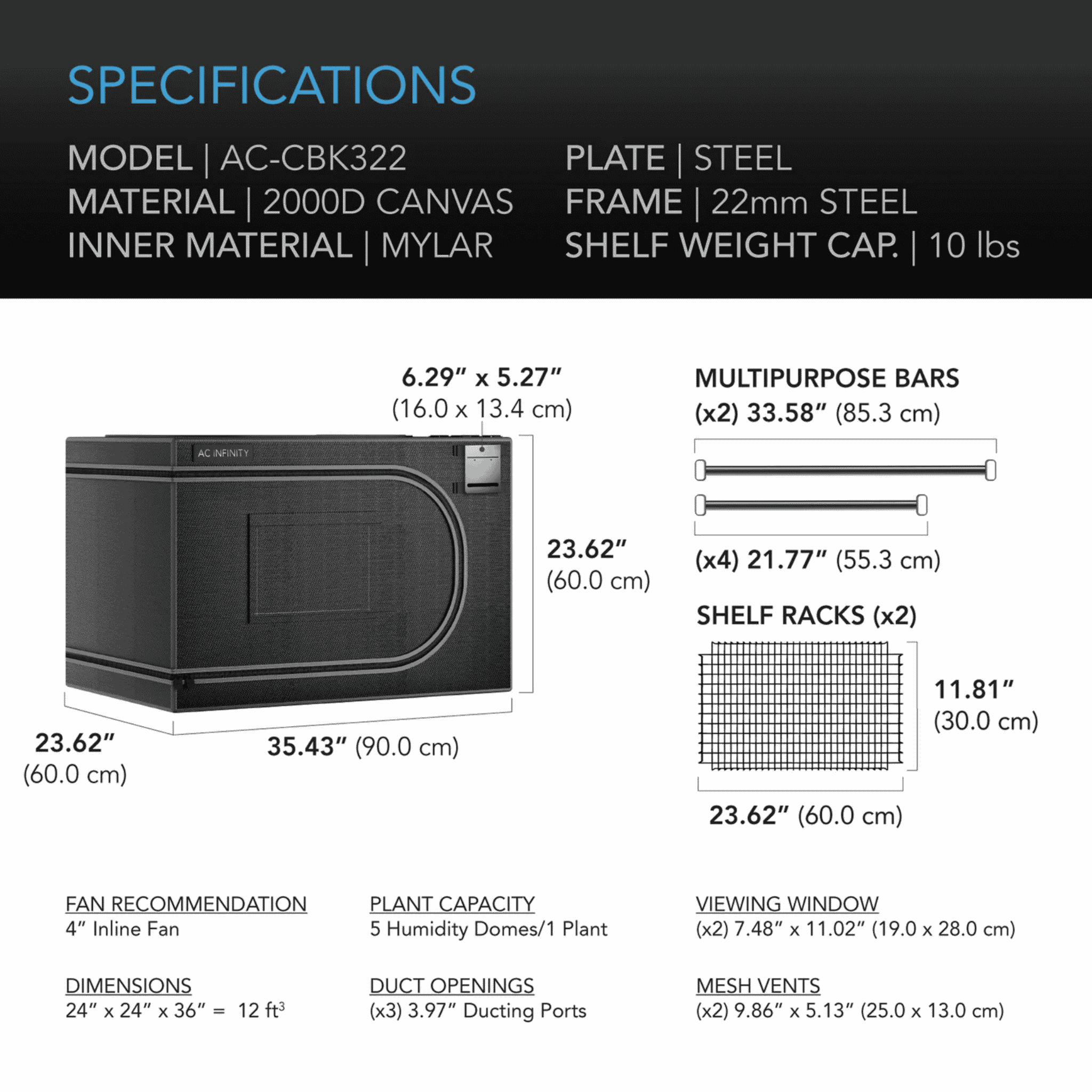 AC Infinity CLOUDLAB Propagation Tent specifications — dimensions canvas weight & ports