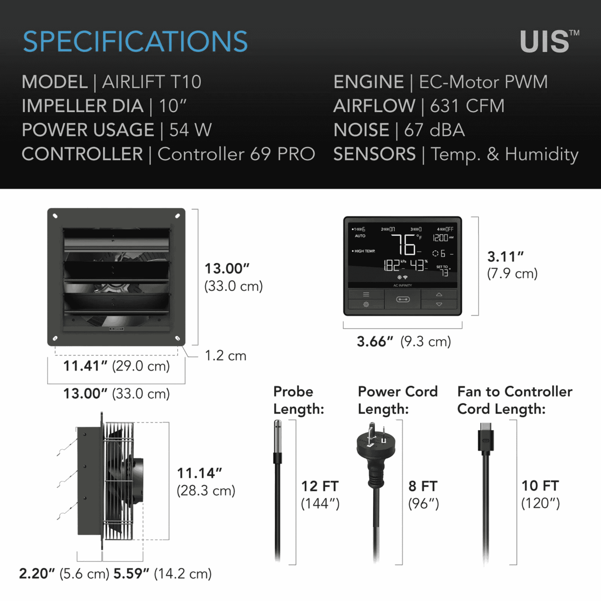 AC Infinity CLOUDLIFT S14 specifications — airflow speed range & power ratings