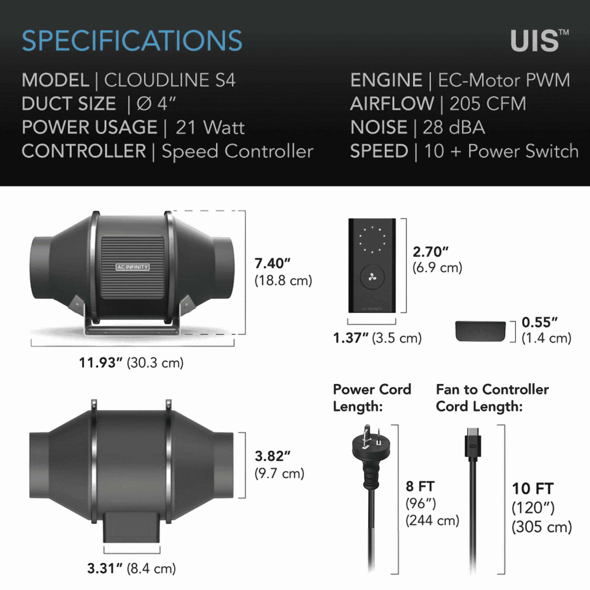AC Infinity CLOUDLINE Pro S4 specifications — airflow CFM static pressure & noise rating