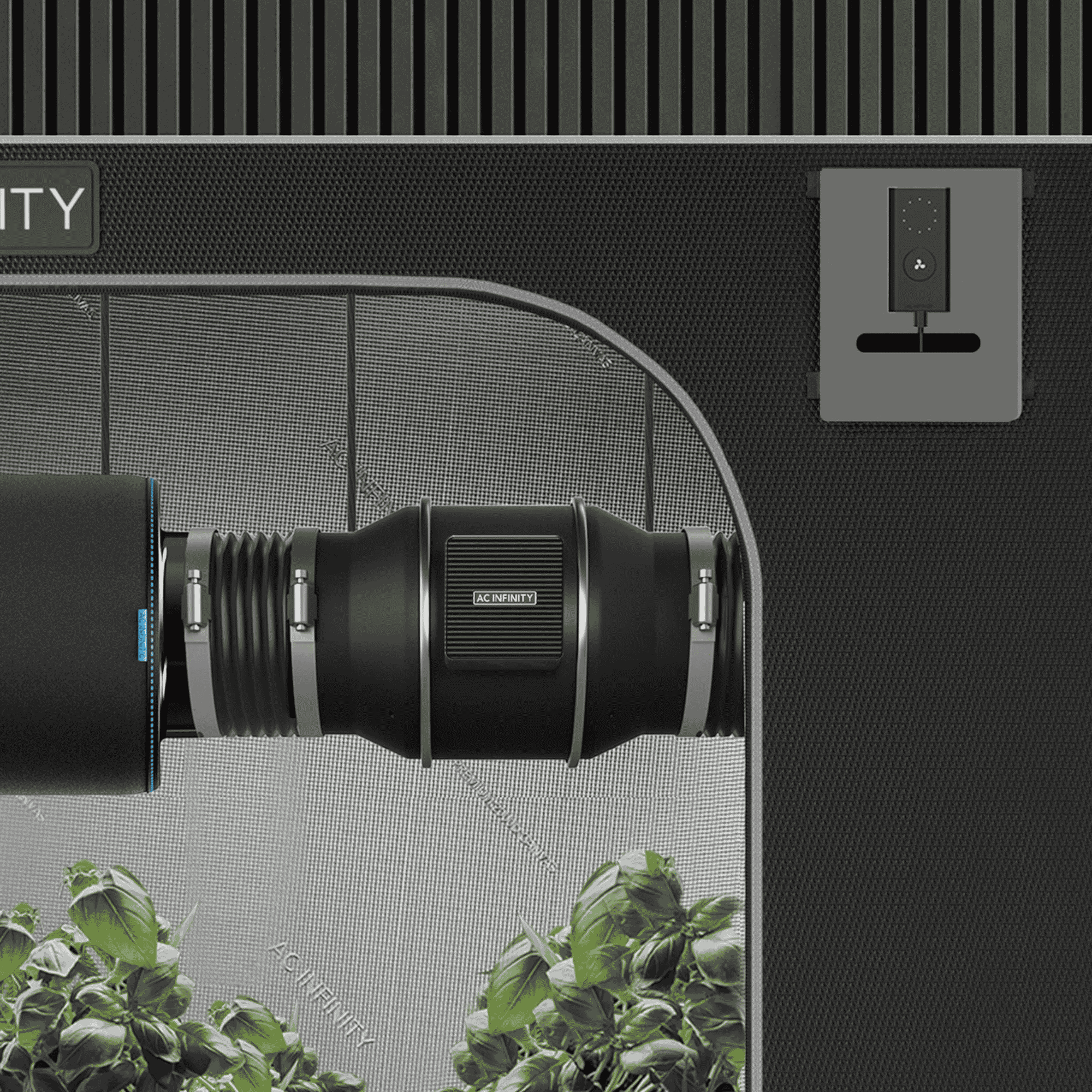 AC Infinity CLOUDLINE Pro S concept art — mixed-flow inline fan in grow tent setup
