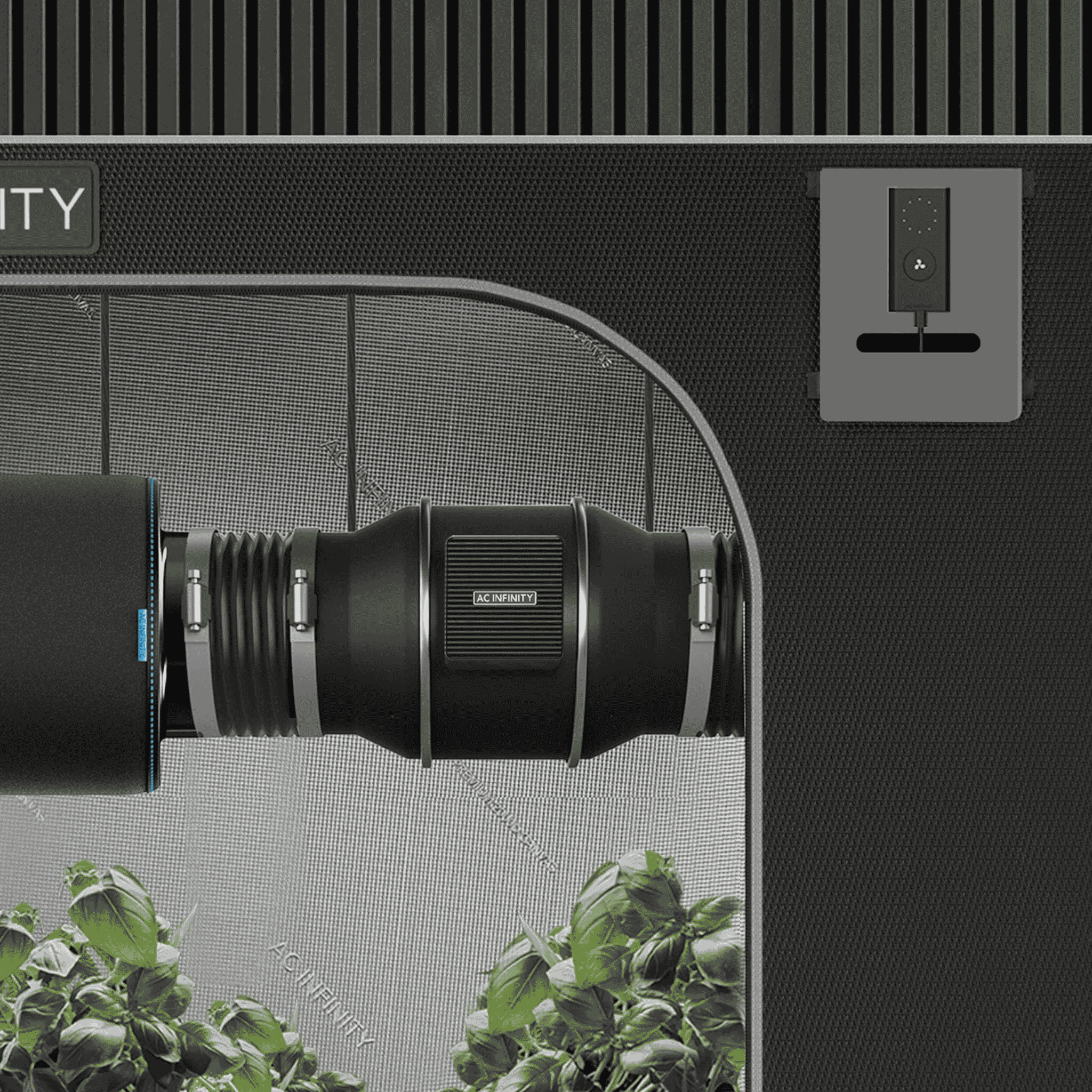 AC Infinity CLOUDLINE Pro S concept art — mixed-flow inline fan in grow tent setup