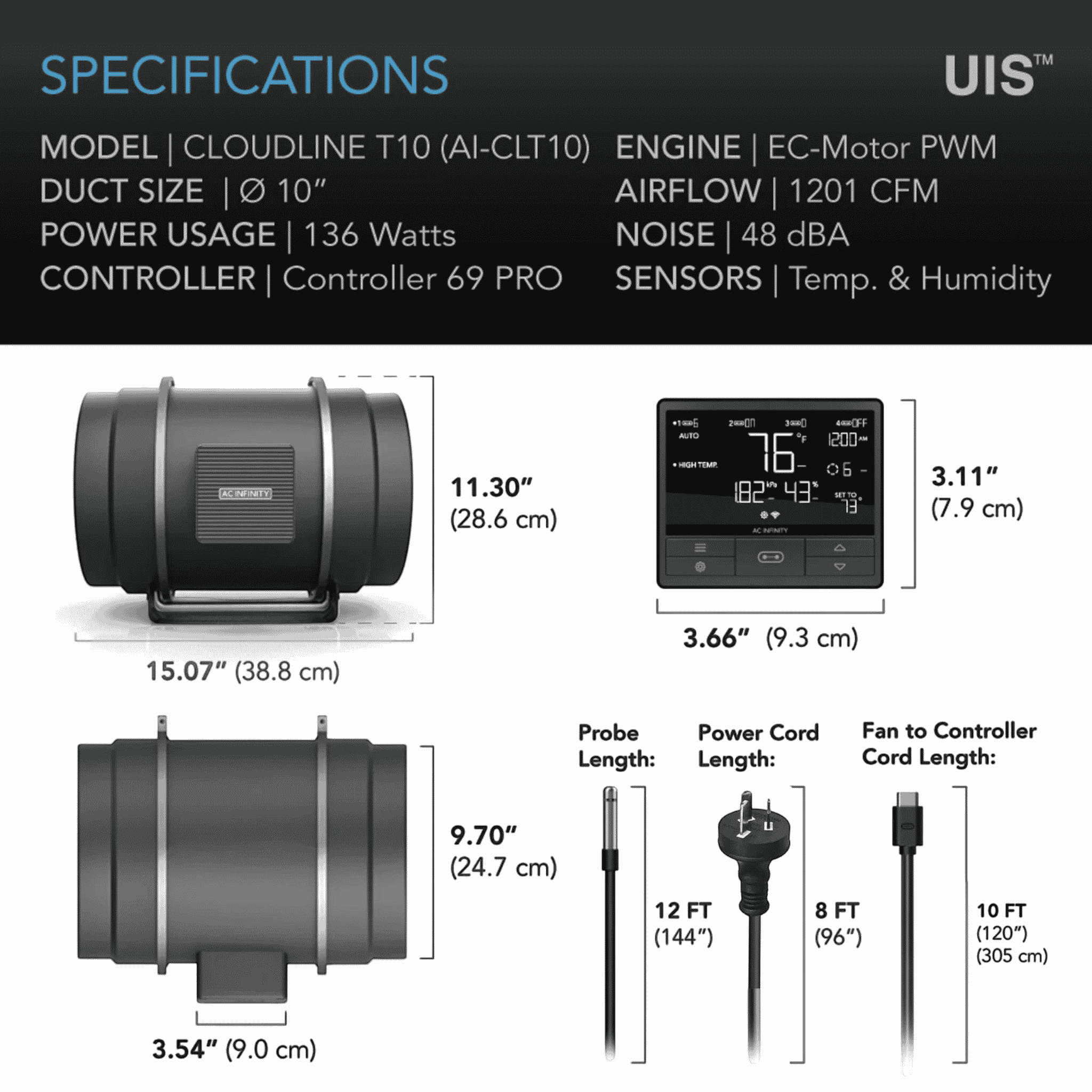 AC Infinity CLOUDLINE Pro T10 specifications — airflow CFM static pressure & noise rating
