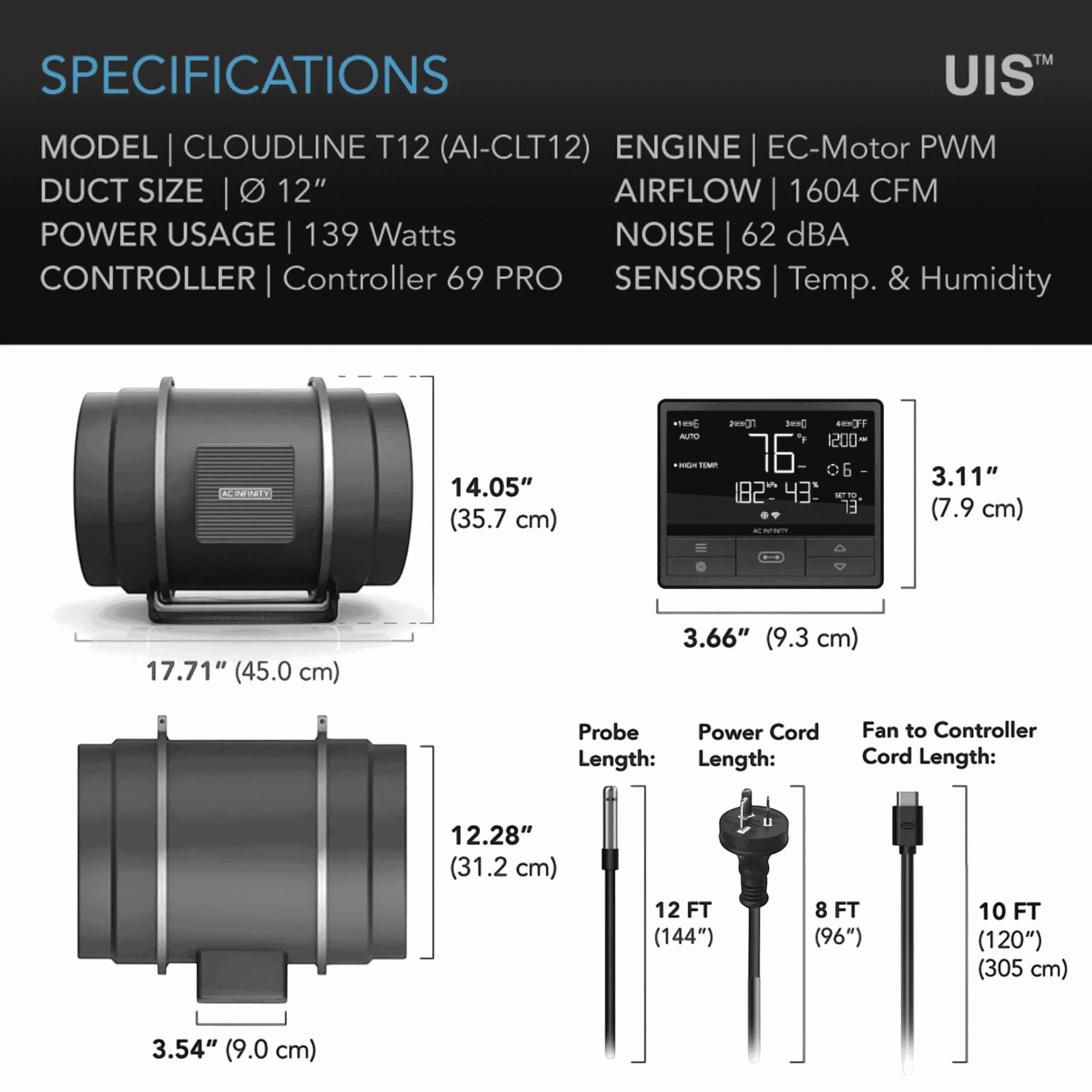 AC Infinity CLOUDLINE Pro T12 specifications — airflow CFM static pressure & noise rating
