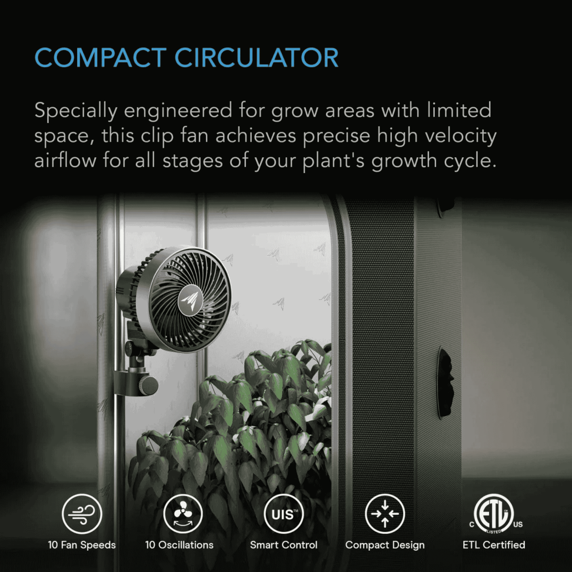 AC Infinity CLOUDRAY S4 compact circulator — small footprint for tight grow tent corners