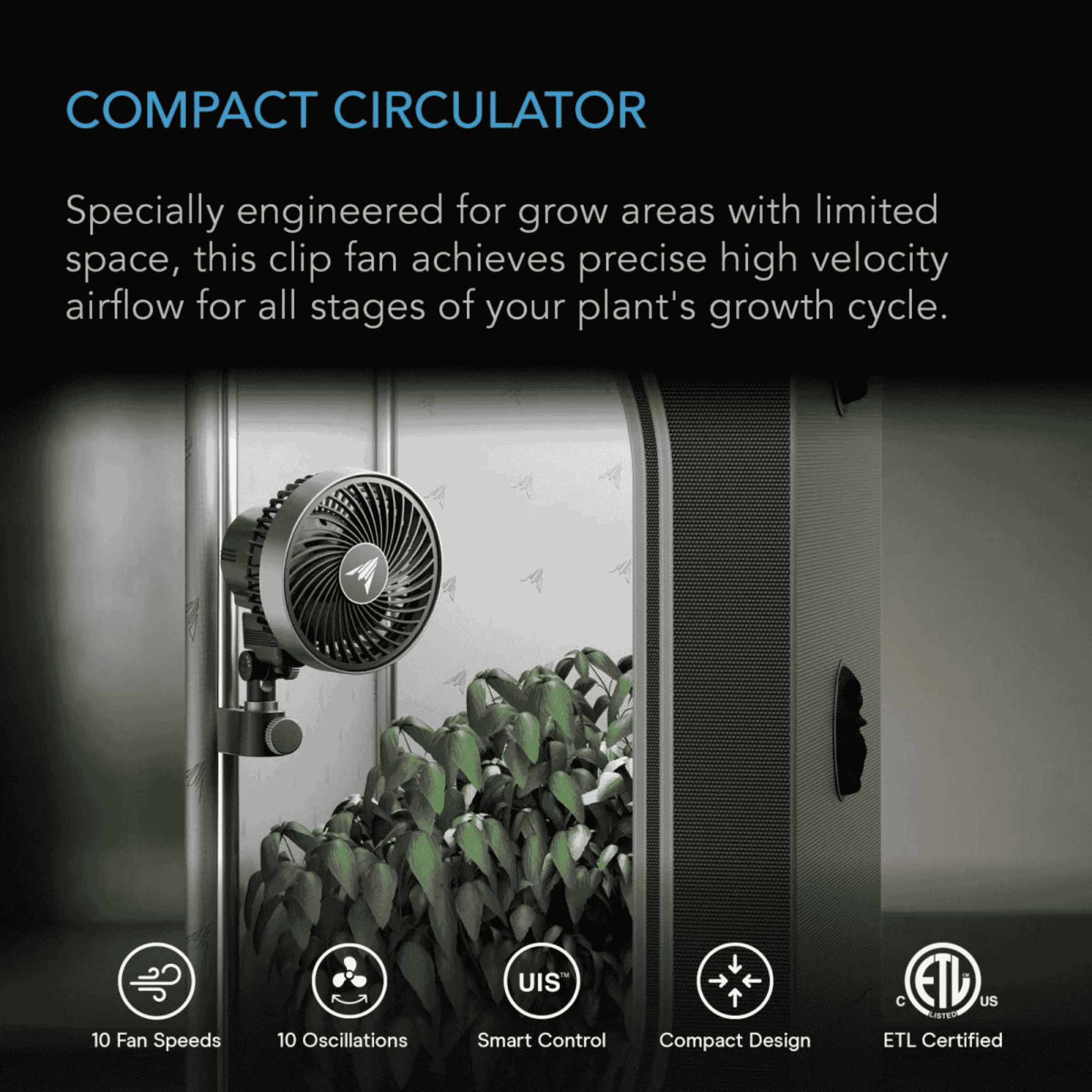 AC Infinity CLOUDRAY S4 compact circulator — small footprint for tight grow tent corners