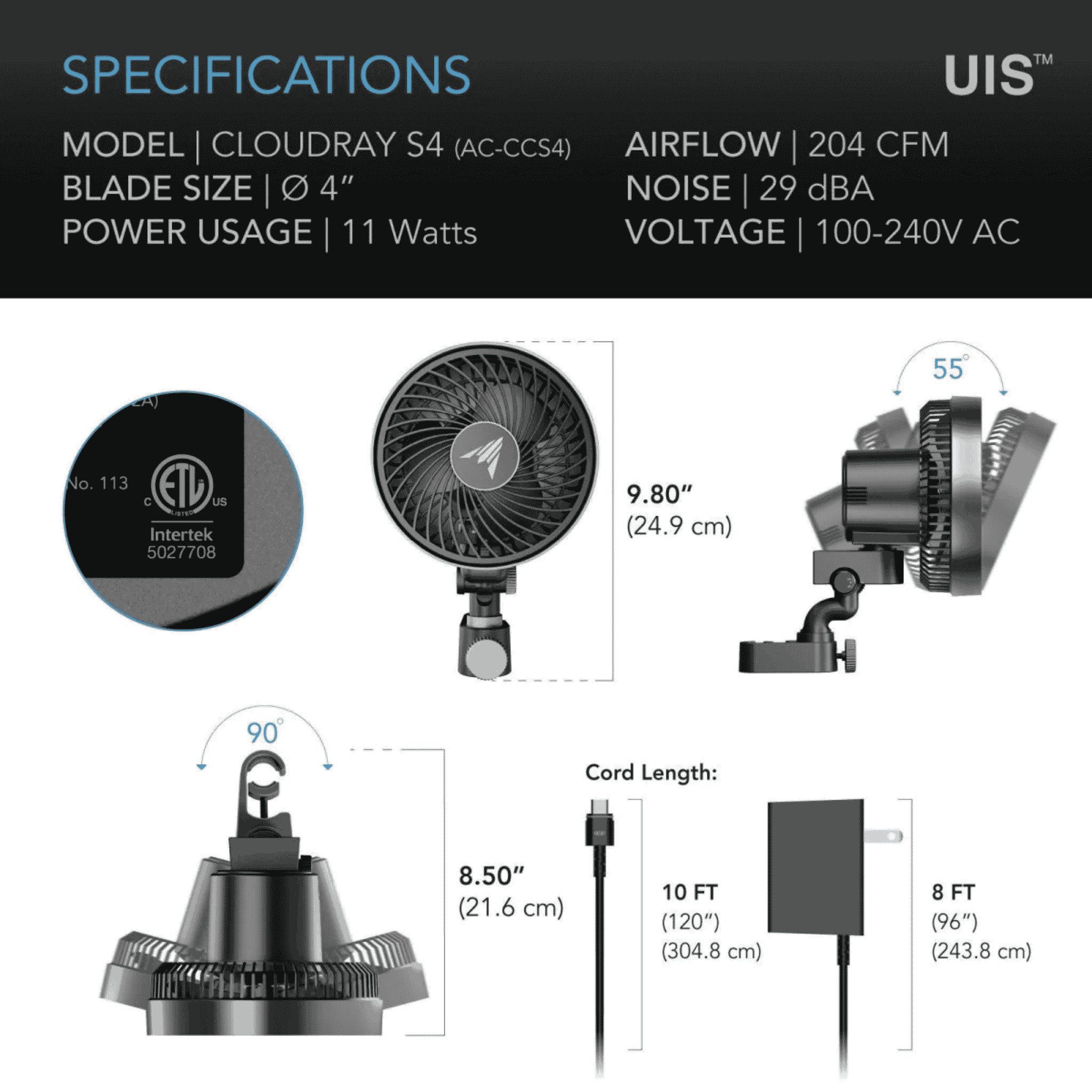 AC Infinity CLOUDRAY S4 specifications — airflow speed range & power ratings