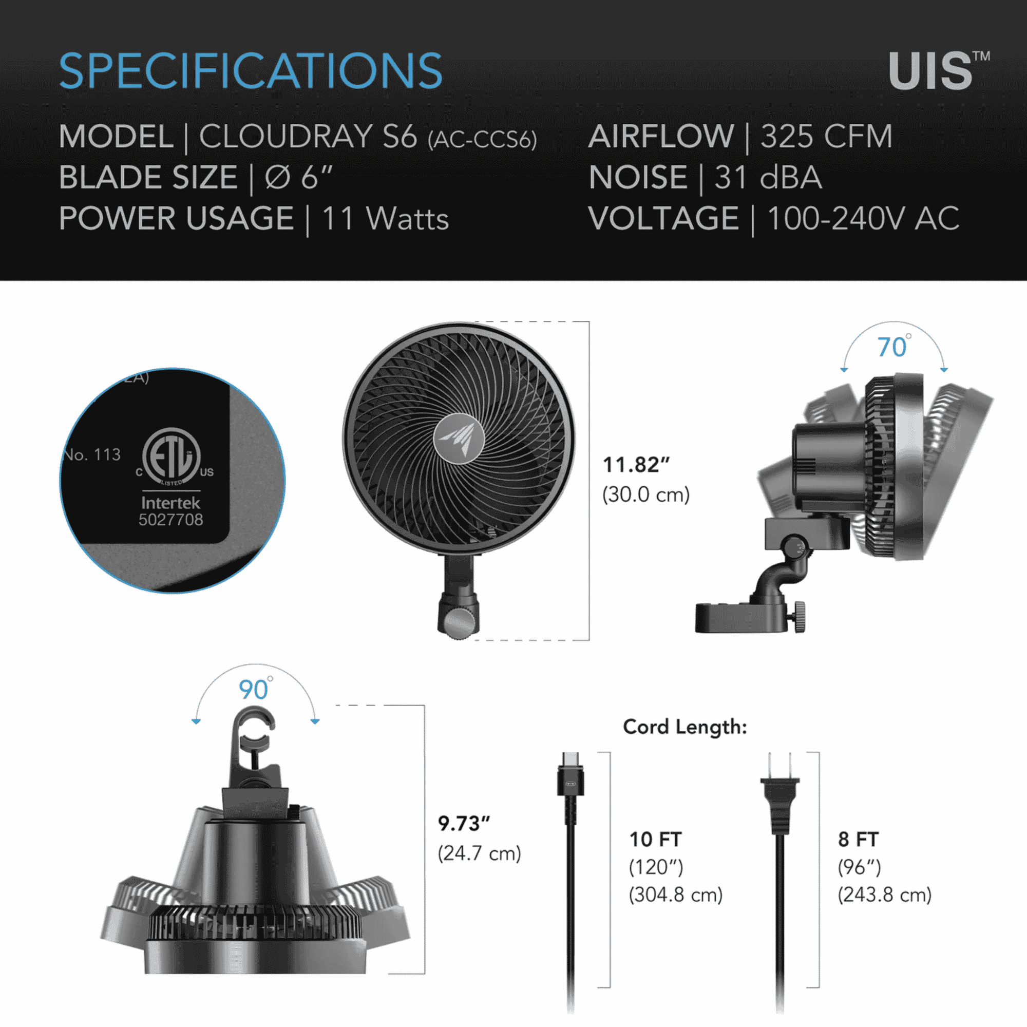 AC Infinity CLOUDRAY S6 specifications — airflow speed range & power ratings