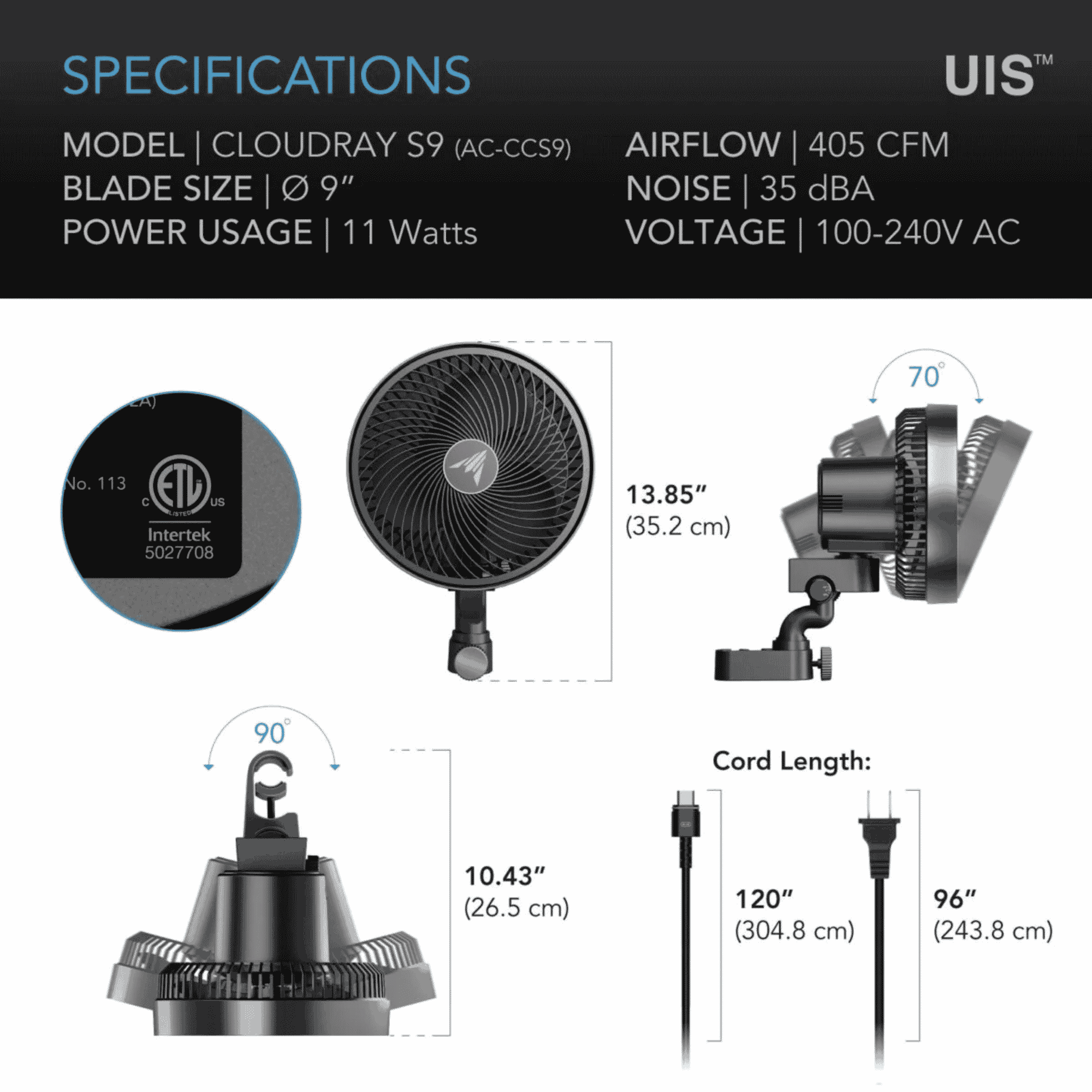 AC Infinity CLOUDRAY S9 specifications — airflow speed range & power ratings