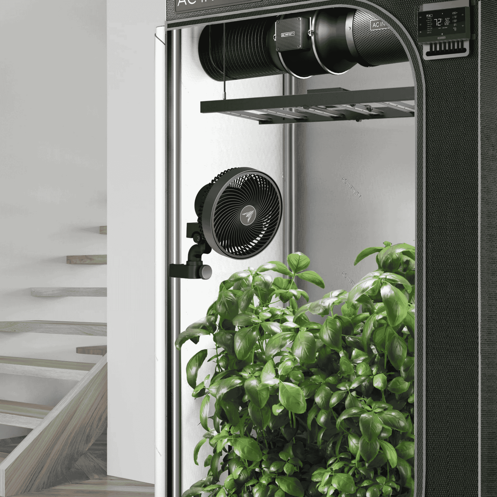 AC Infinity CLOUDRAY S concept art — oscillating clip fan in grow tent plant circulation