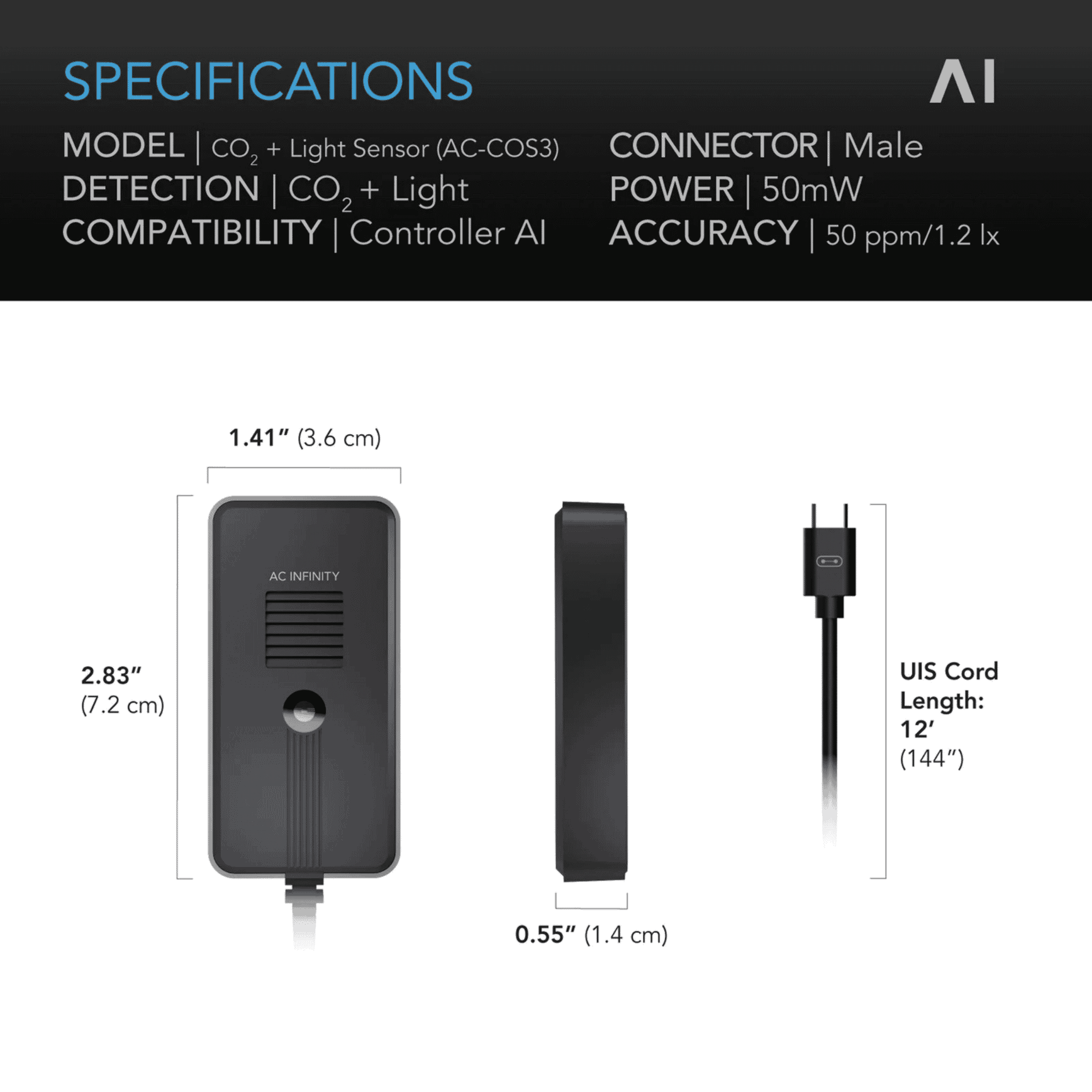 AC Infinity CO2 & Light Sensor specifications — measurement ranges & compatibility