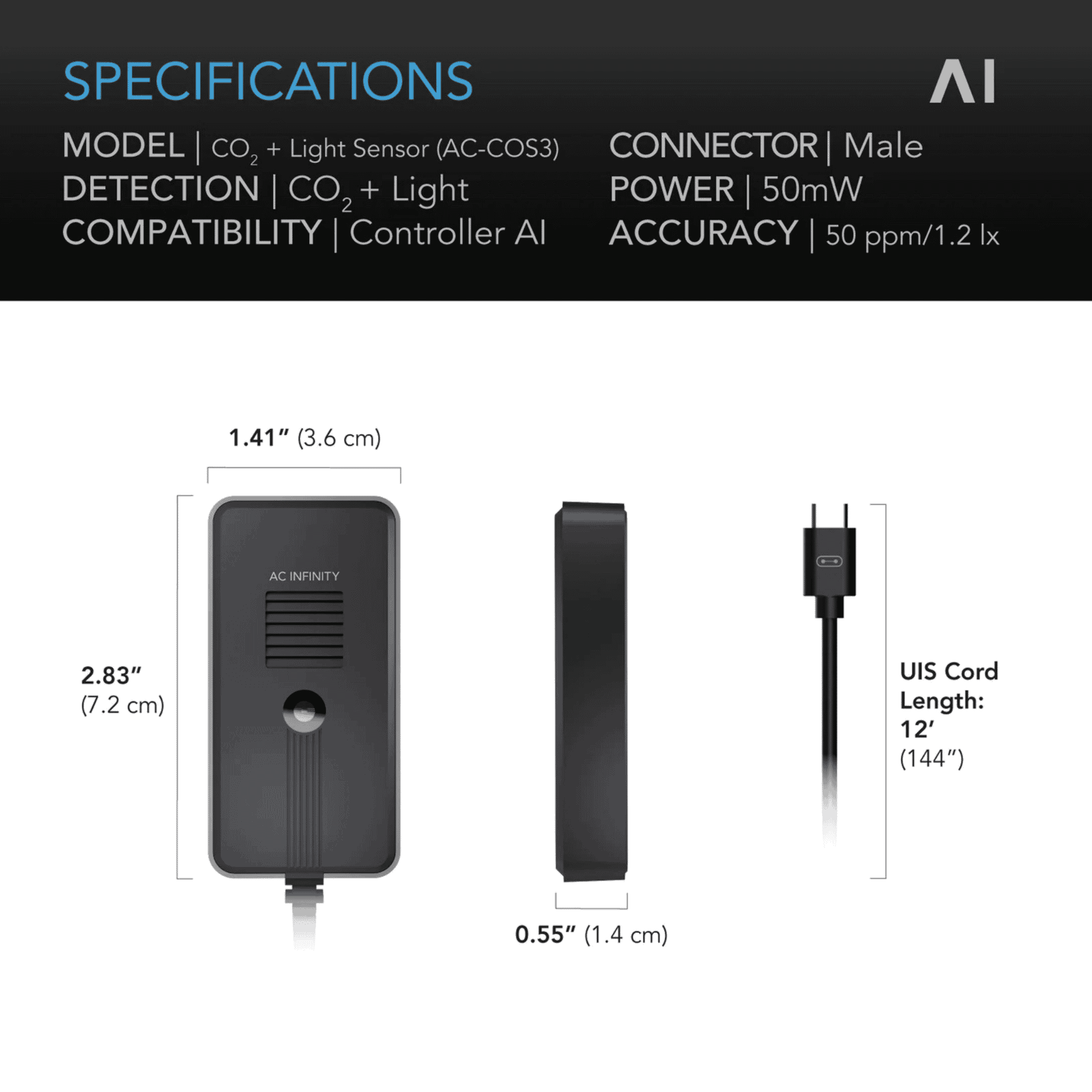 AC Infinity CO2 & Light Sensor specifications — measurement ranges & compatibility