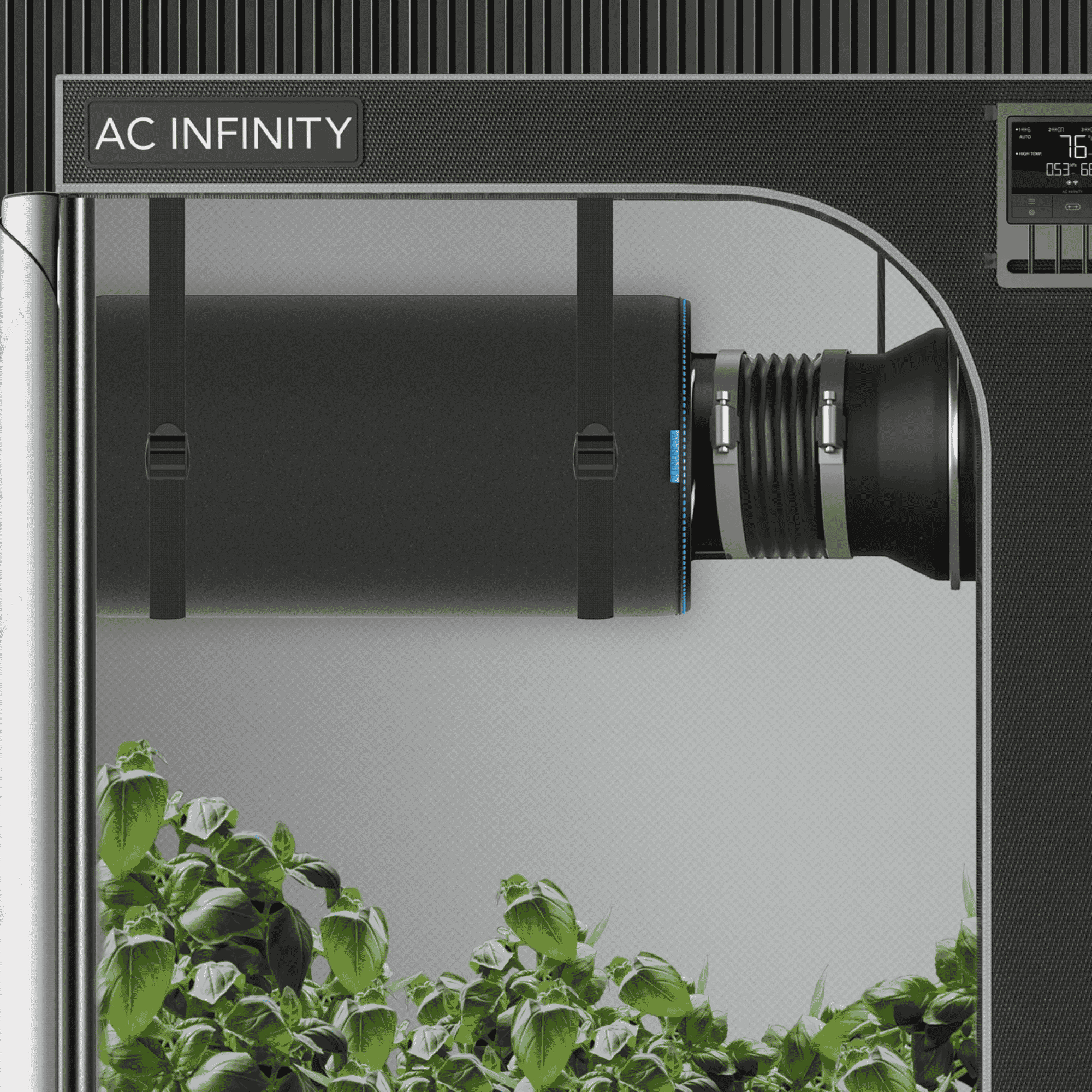 AC Infinity Carbon Filter concept art — charcoal filter installed inline with extractor fan